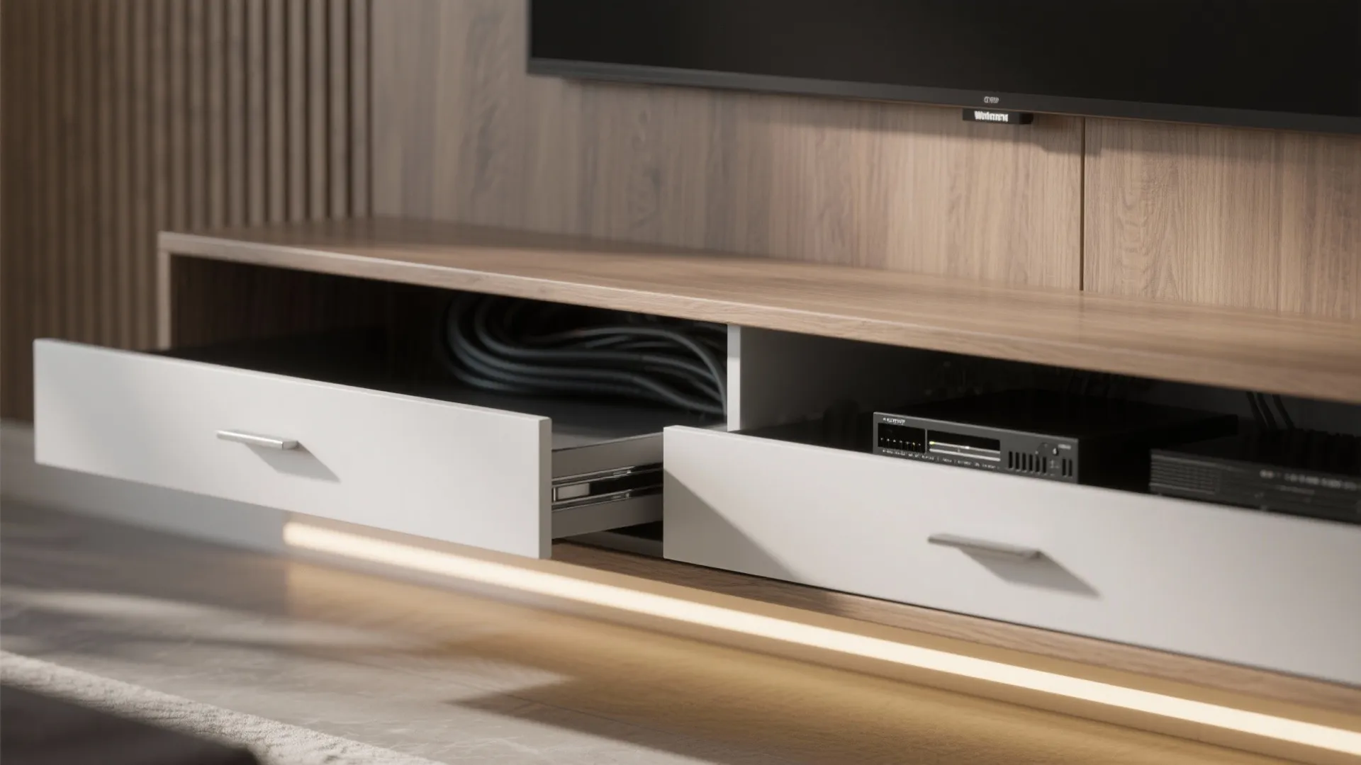 1. Floor-to-ceiling modular shelving with integrated media