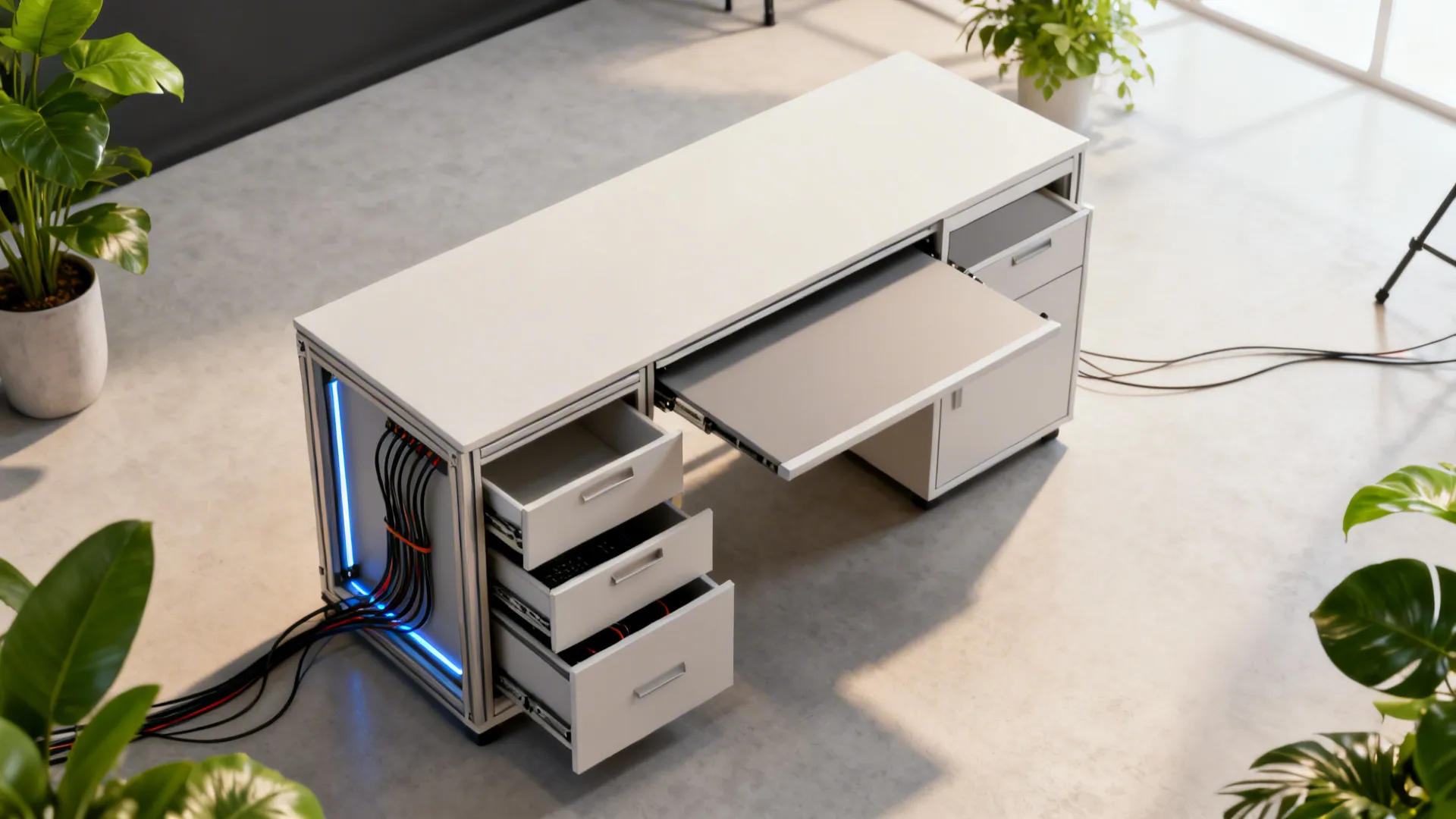 Top-down view of a studio layout with a media cabinet that folds into a workstation.
