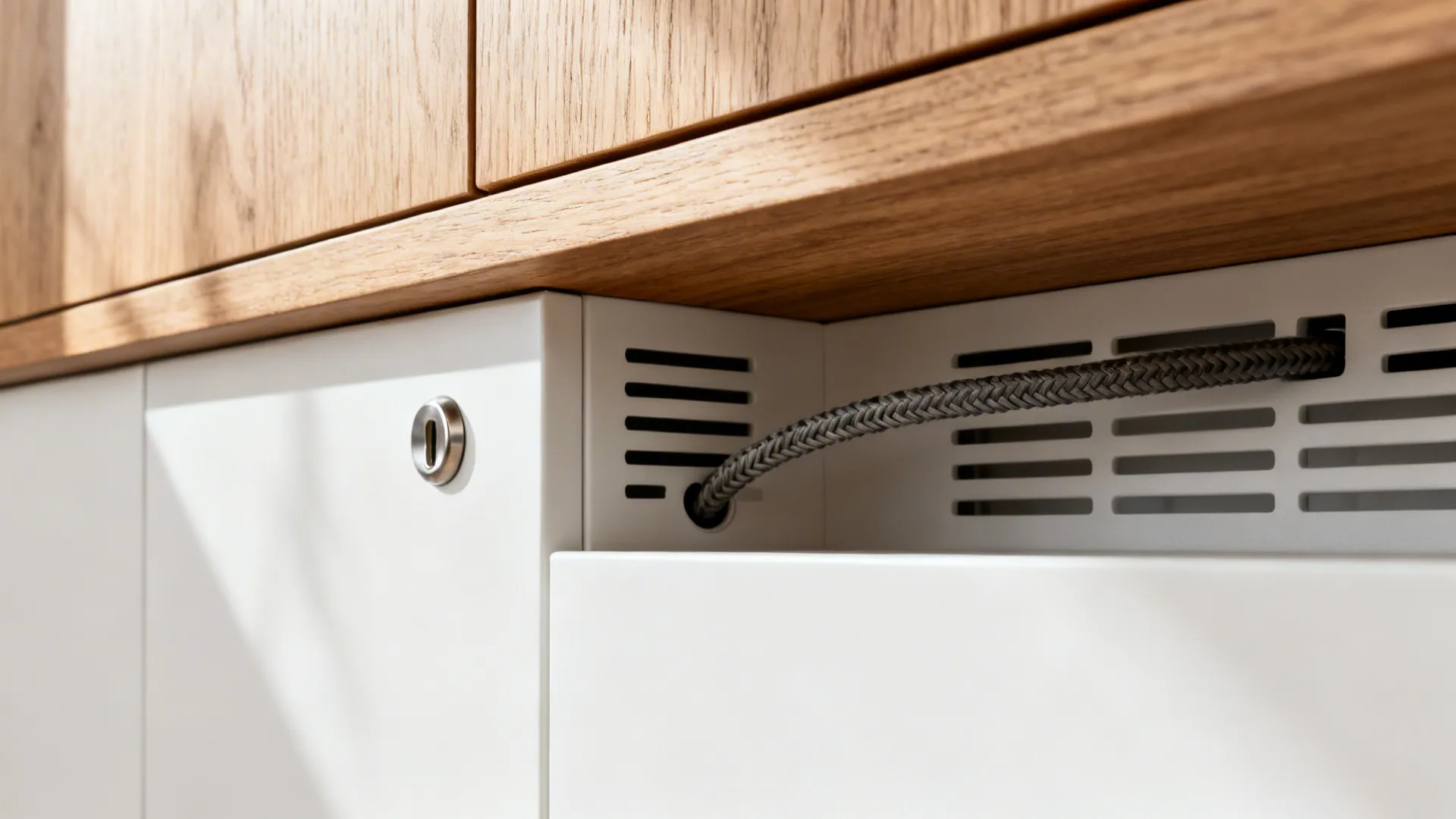 Close-up of a floating oak media cabinet with a tidy cable grommet and ventilated panel.
