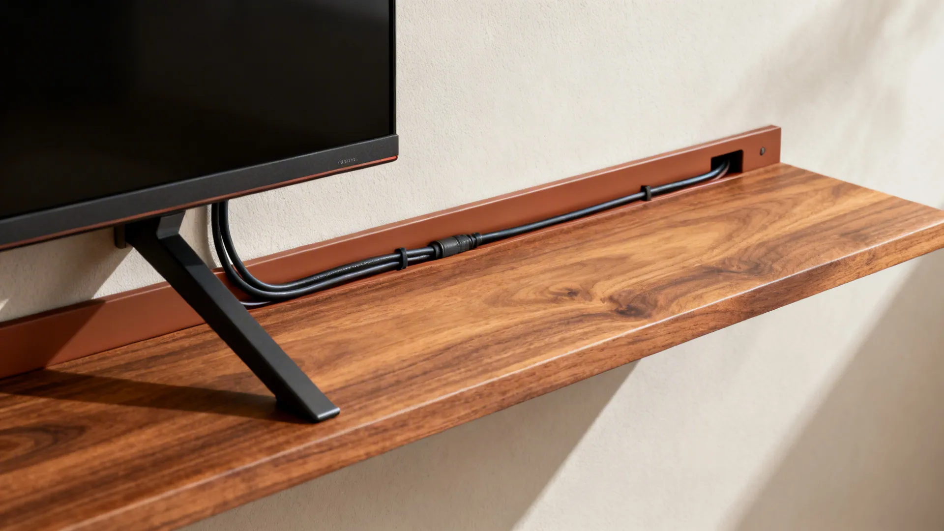 Close-up of a slim oak media shelf with concealed cable raceway and tilting mount.