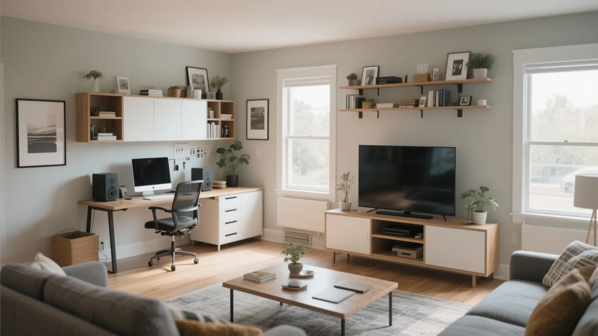 Open plan living area featuring a wooden desk workspace and television cabinet with storage shelves