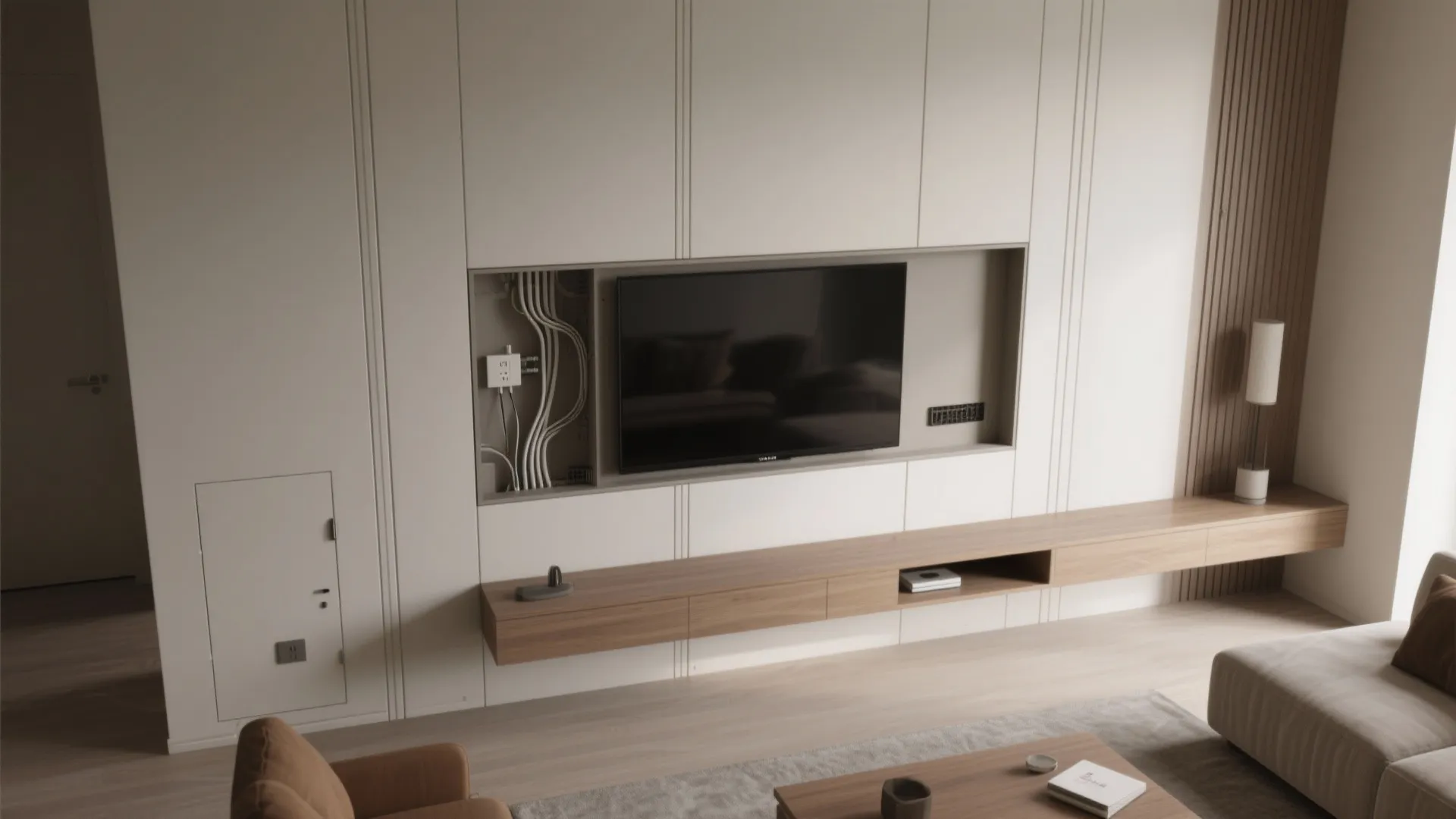 Built-in television cabinet with wires showing next to screen and long wooden shelf in living room