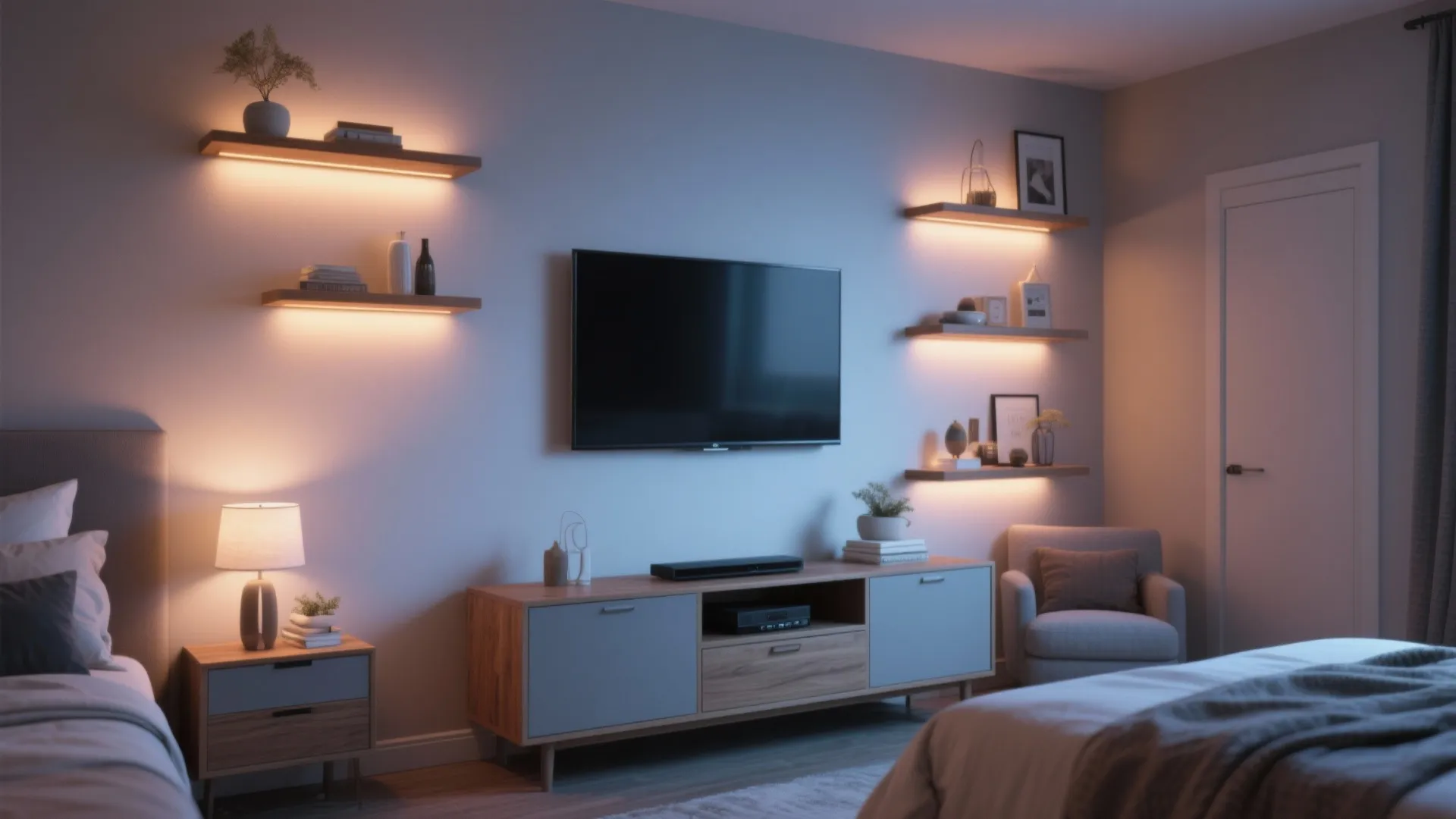 3. Media console wall with floating shelves and ambient lighting
