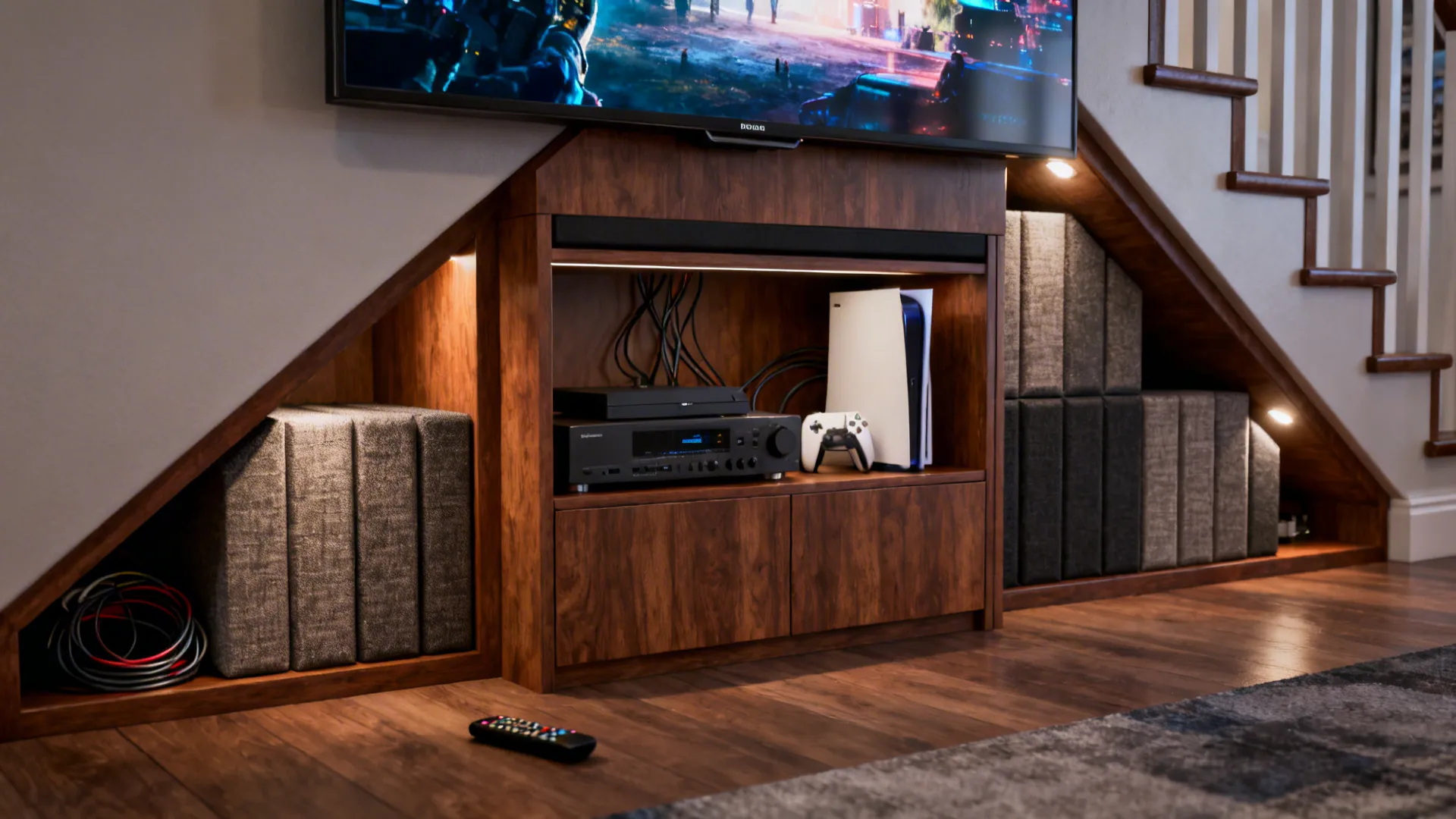 Under‑stairs media console with TV mounted above and acoustic panels in the stair cavity to improve sound.