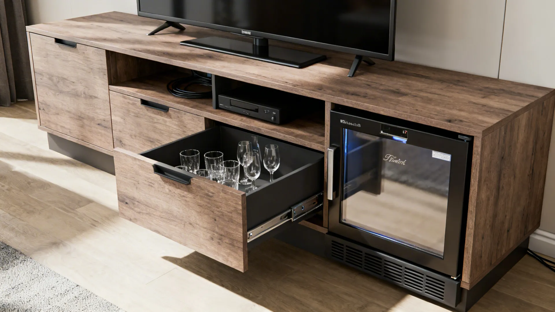 5. Media console with integrated beverage station