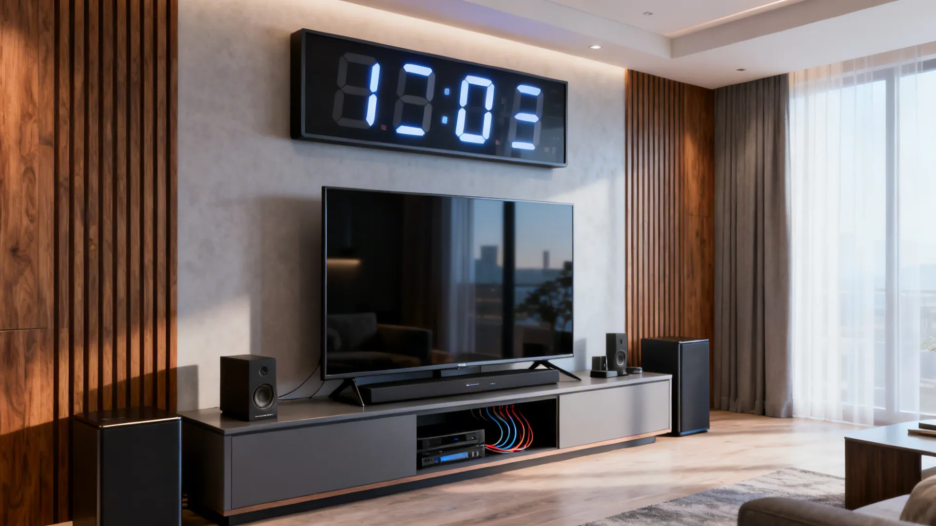Digital clock mounted above a media console and TV, showing tech-forward cohesive setup with hidden cables