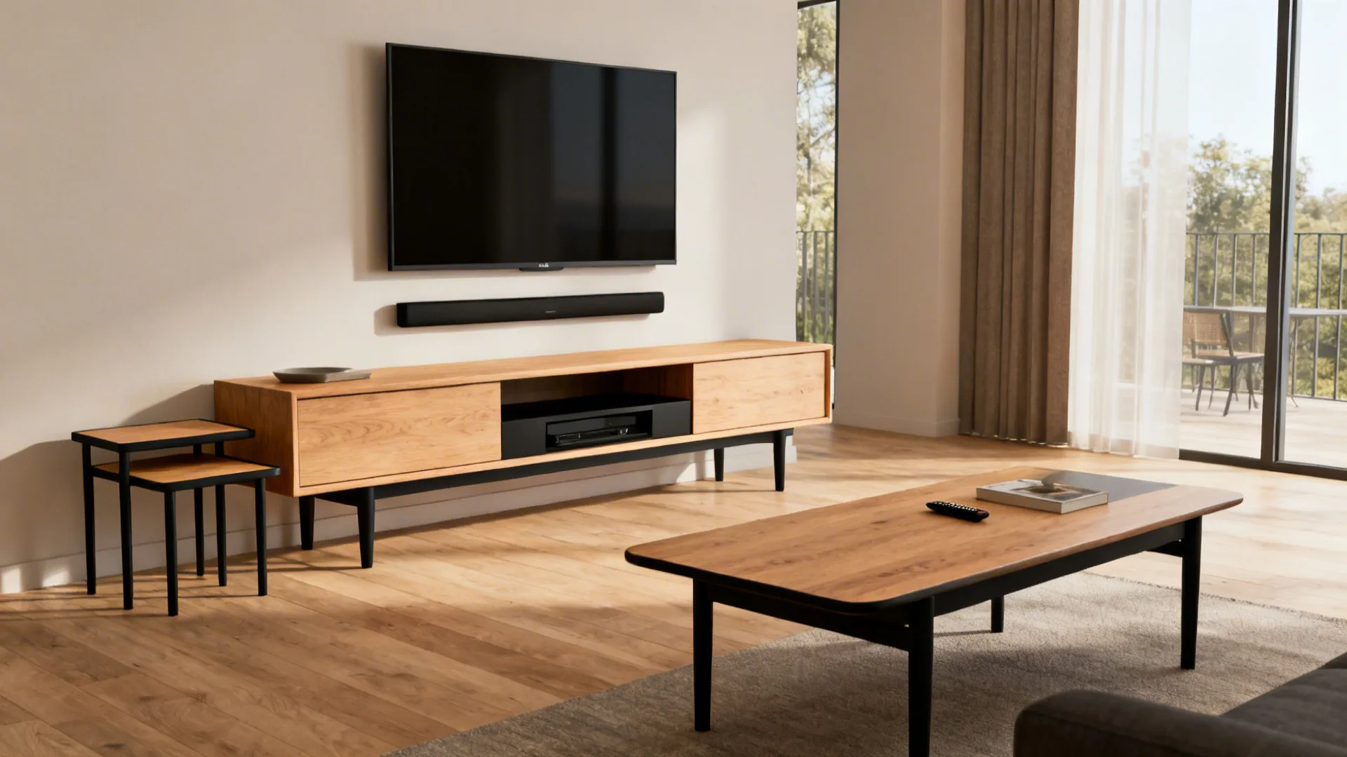 Slim media console and narrow coffee table in a compact living room with open sightlines.