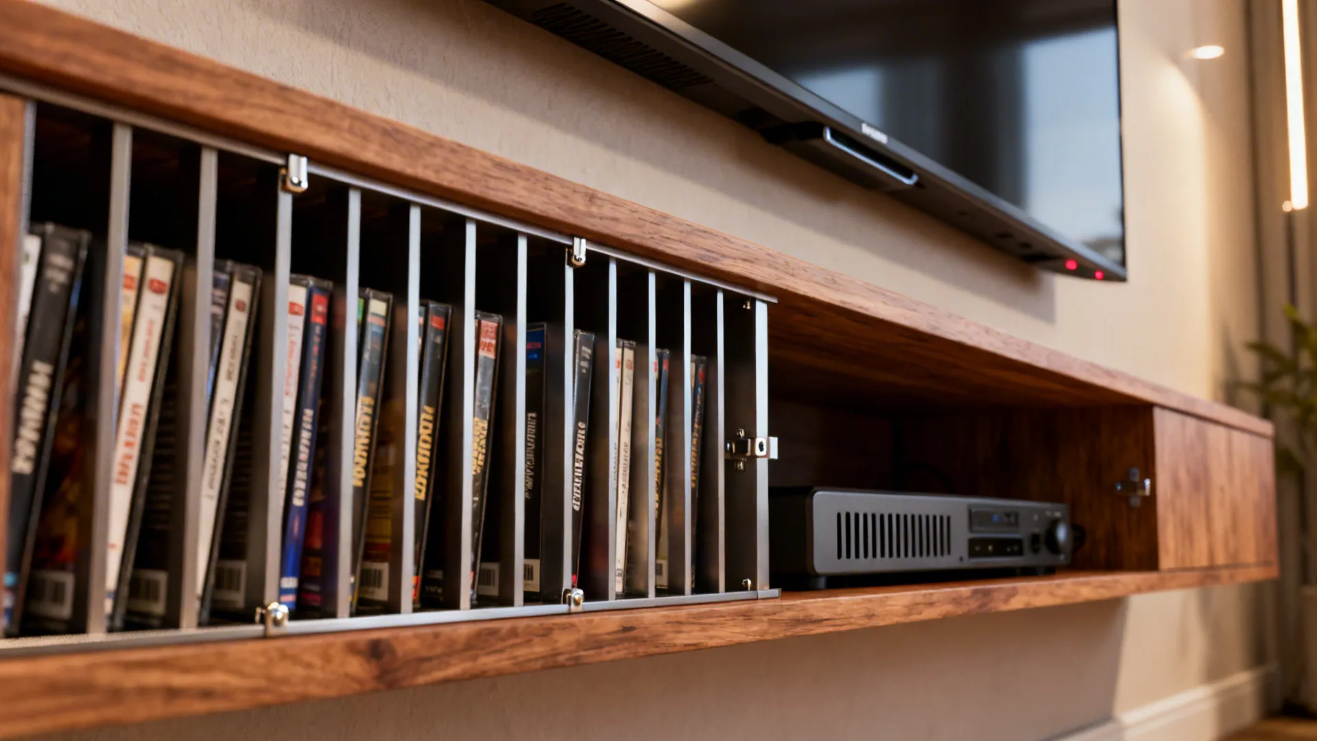 Wooden wall cabinet under TV with metal dividers holding movies and an electronic media player