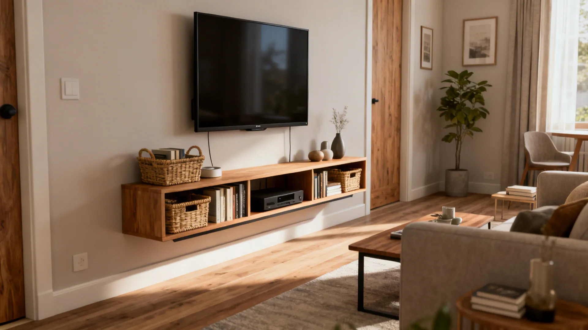Slim media console with storage below a 40-inch TV in a small living room