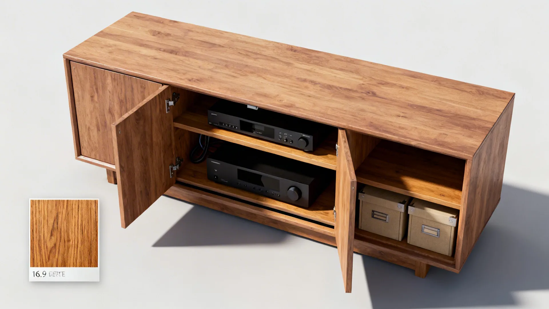 Top-down layout of a solid wood media console with adjustable shelving and cable channel details