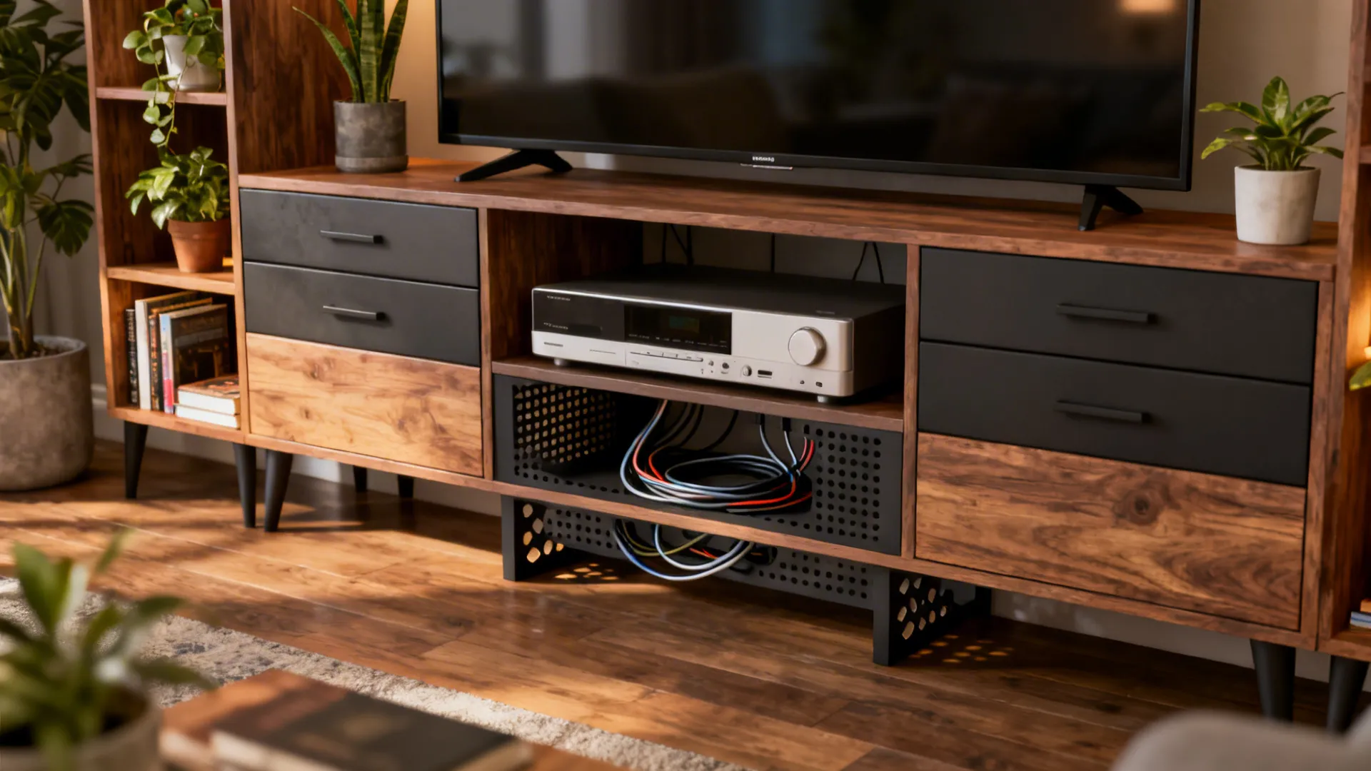 Media console combining drawers and open shelving with tidy cable management and decor.