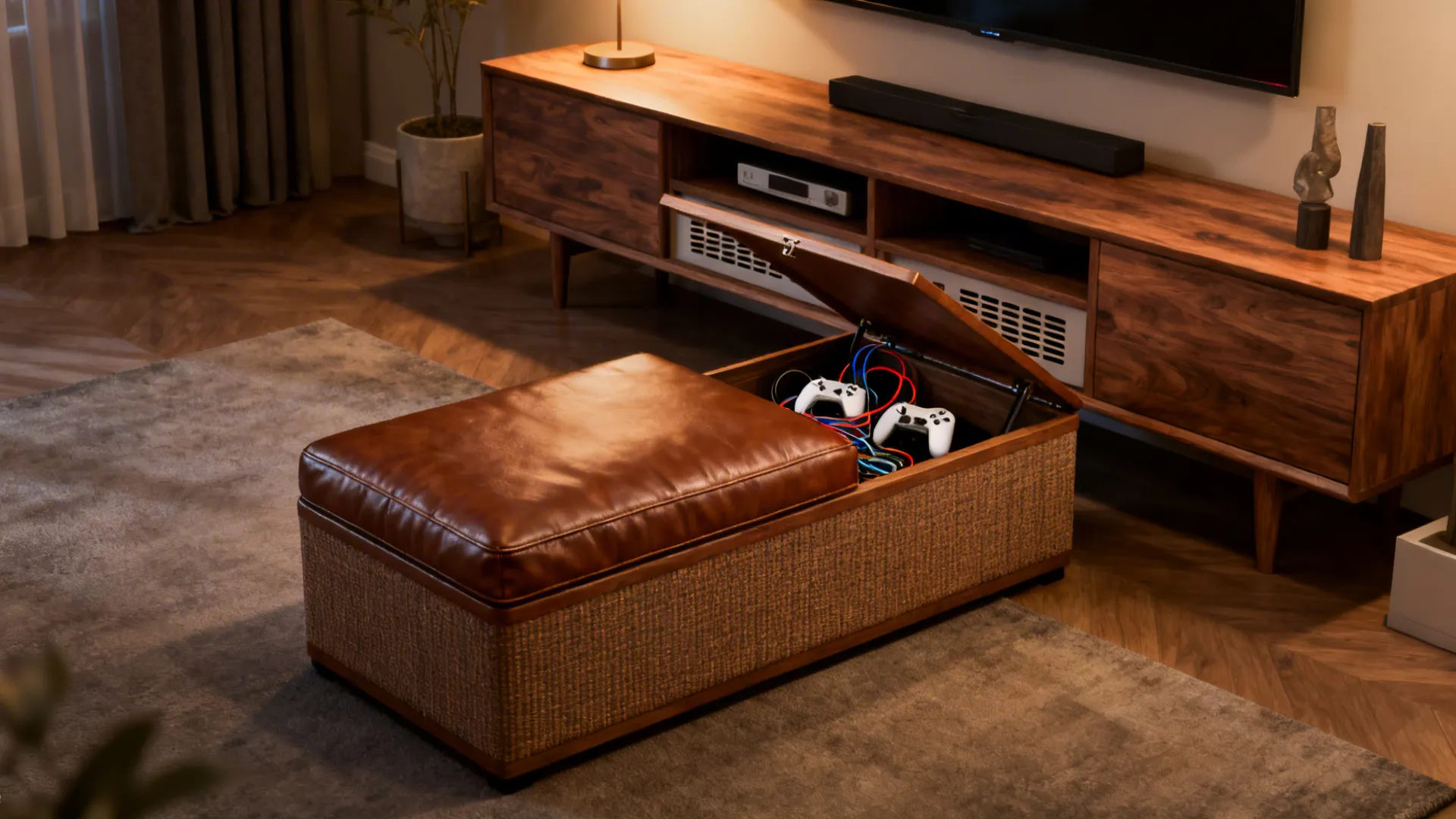Long storage ottoman coordinating with a media console, storing controllers and cables.