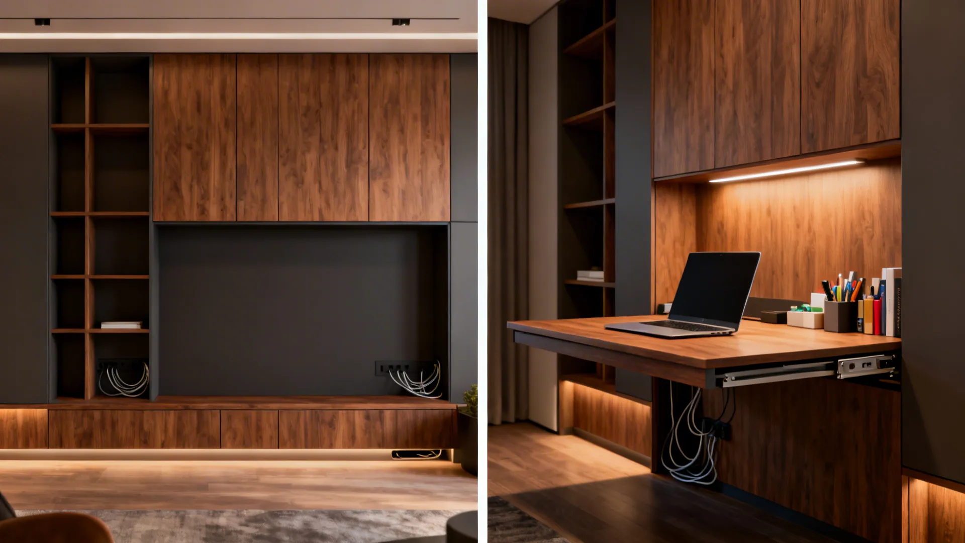 2. Built-in Media Console with Pull-out Desk