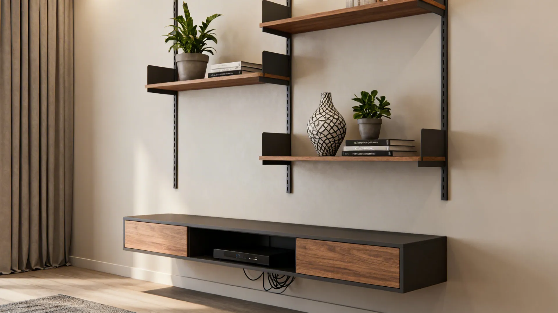 Slim media console with floating shelves, curated decor and concealed cords in a compact living room.