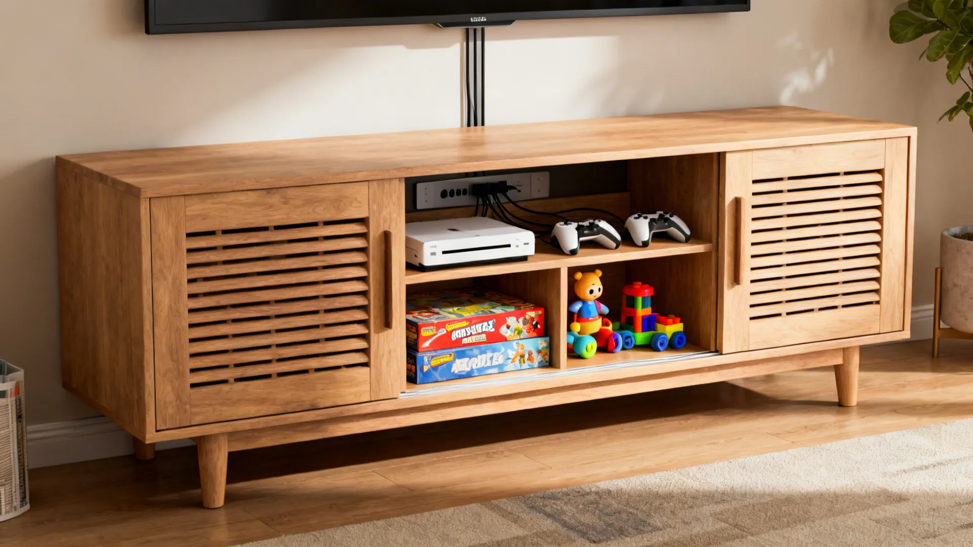Convertible media console with sliding doors, toy compartments and ventilation for electronics