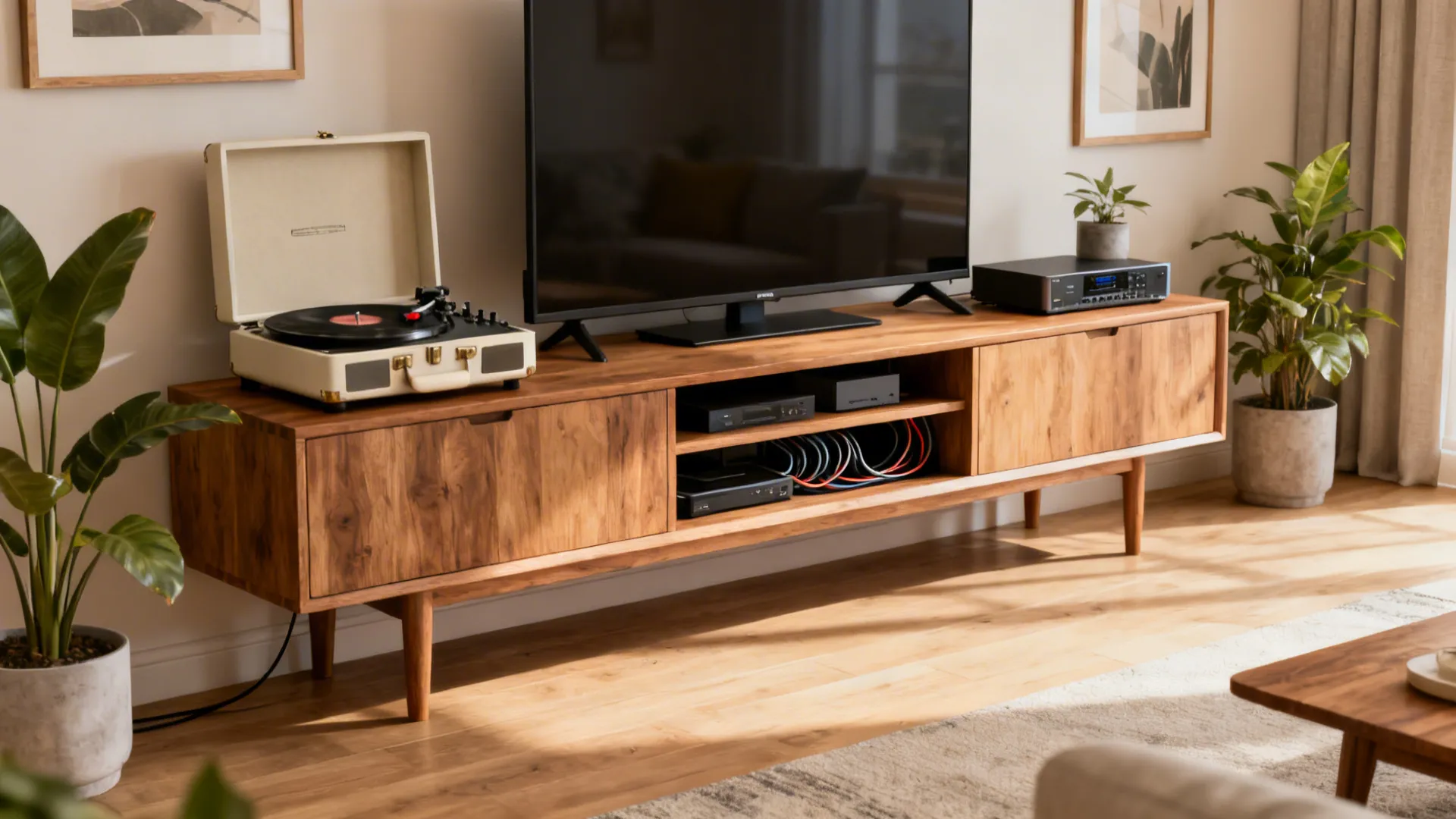 Media console with a turntable integrated on one side and TV components on the other