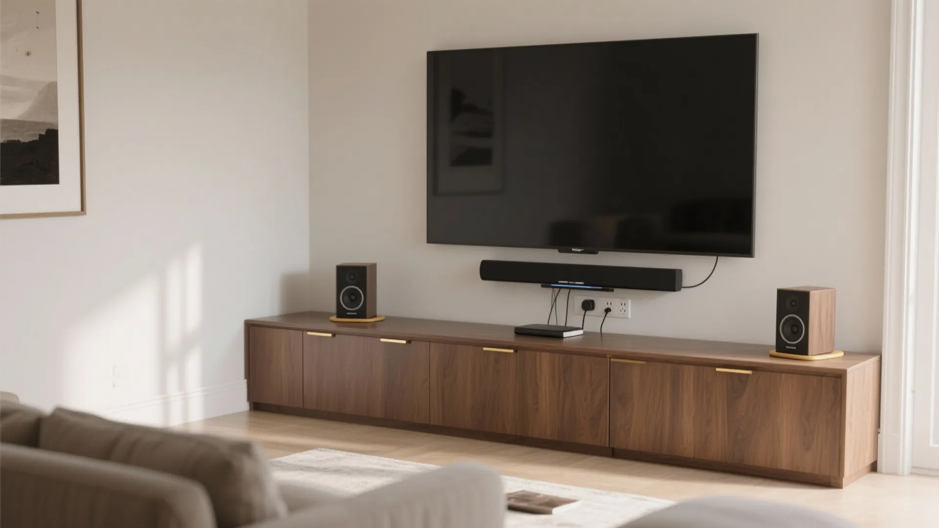 Low-profile media wall in the corner