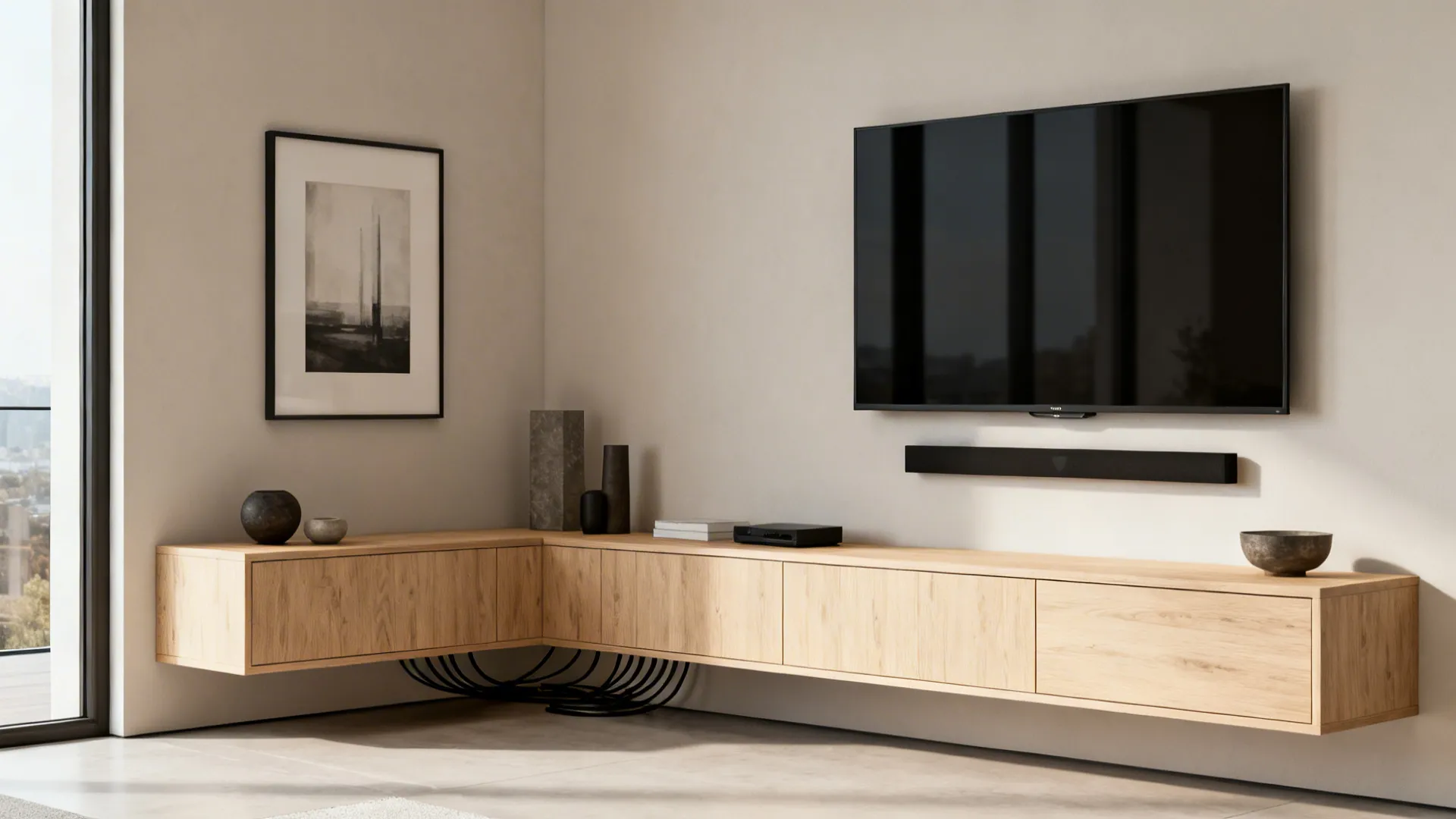Minimal media corner with floating cabinets and wall-mounted TV for a streamlined look