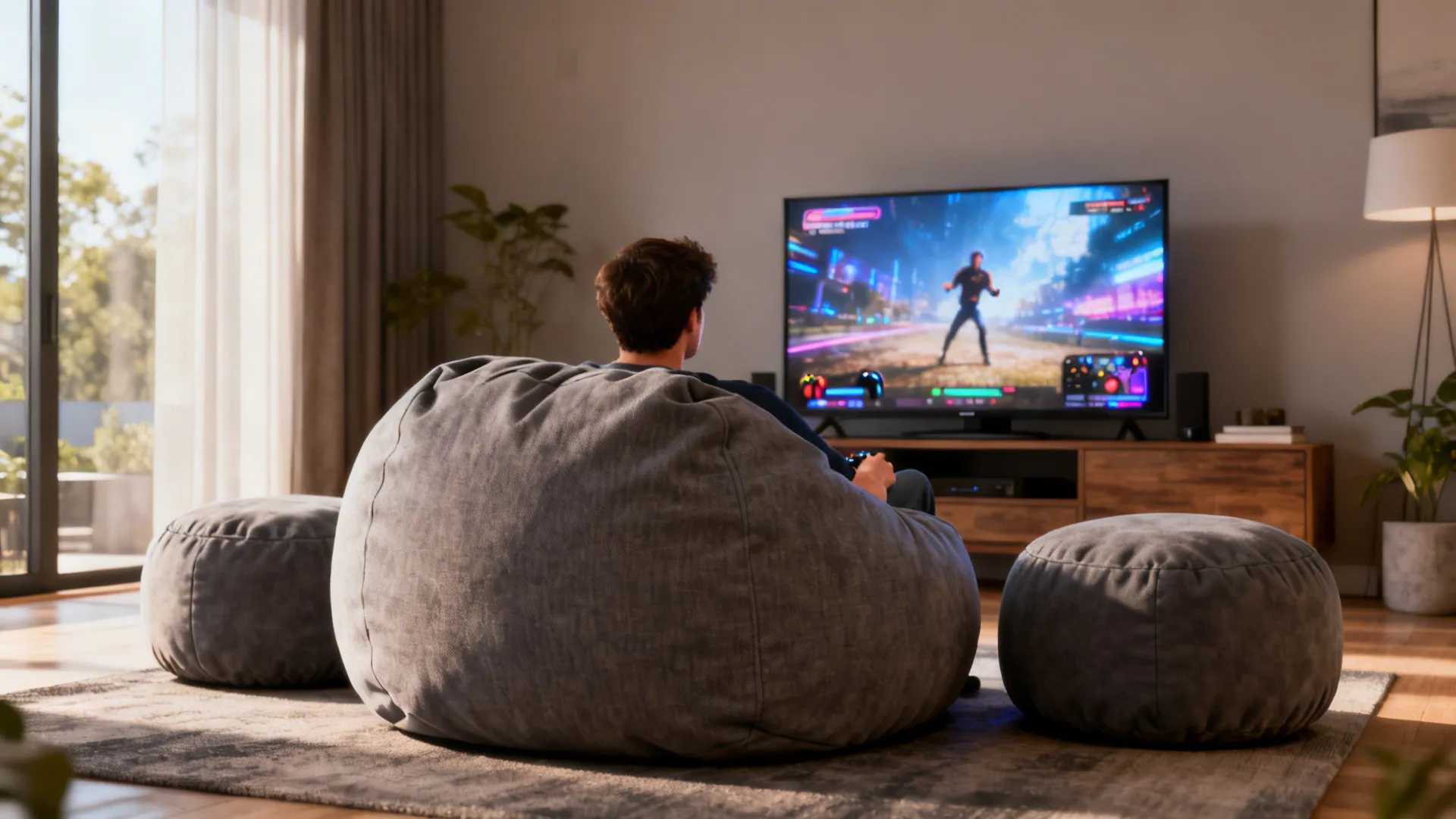 Media corner with a large bean bag and two round poufs arranged for movie night with washable fabric covers.