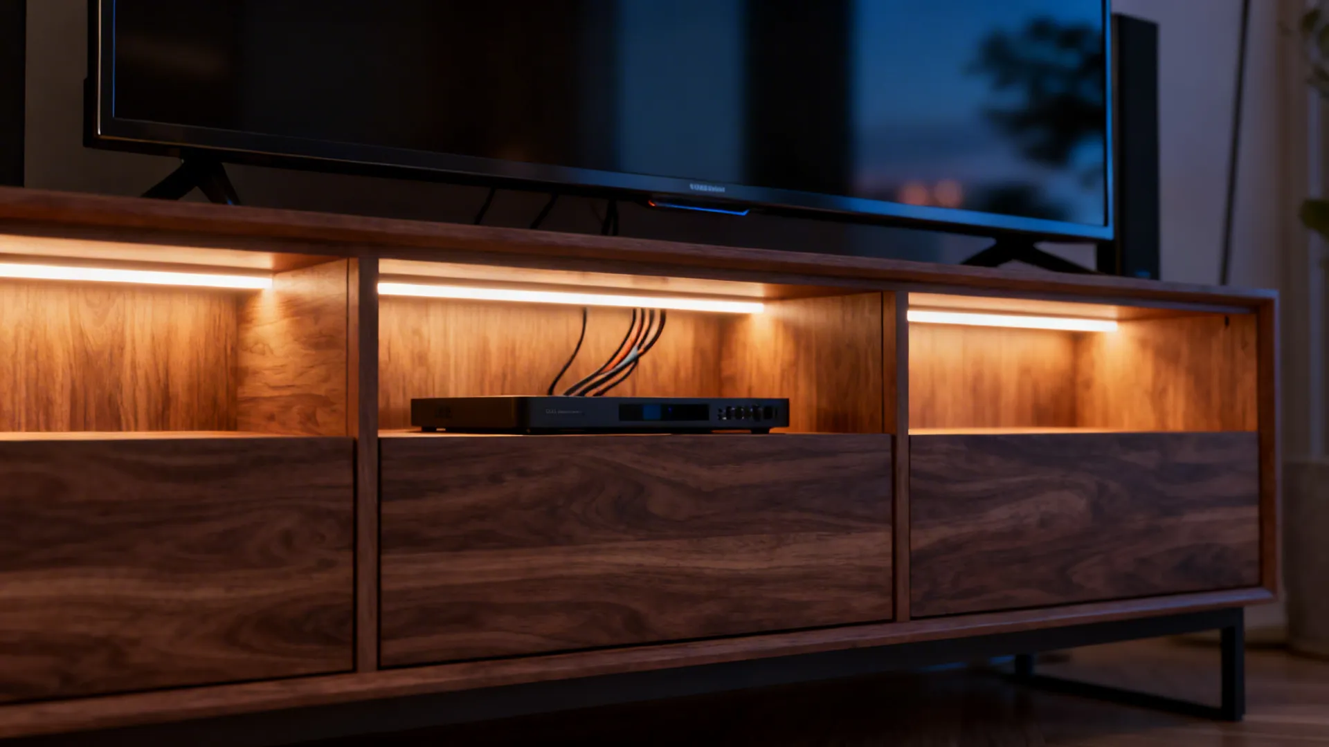 Media credenza with integrated LED lighting behind the TV and inside cabinets