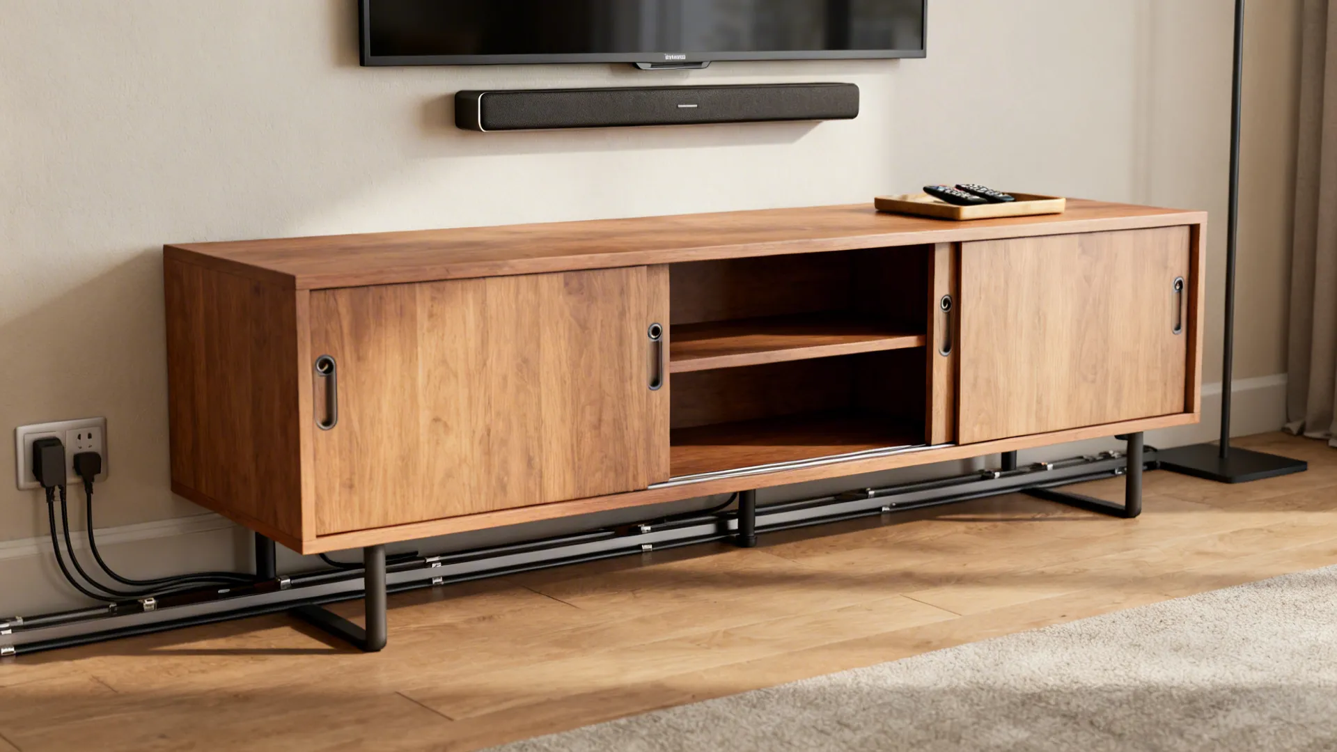 Freestanding media credenza with sliding doors, rear grommets, and integrated power under a TV.