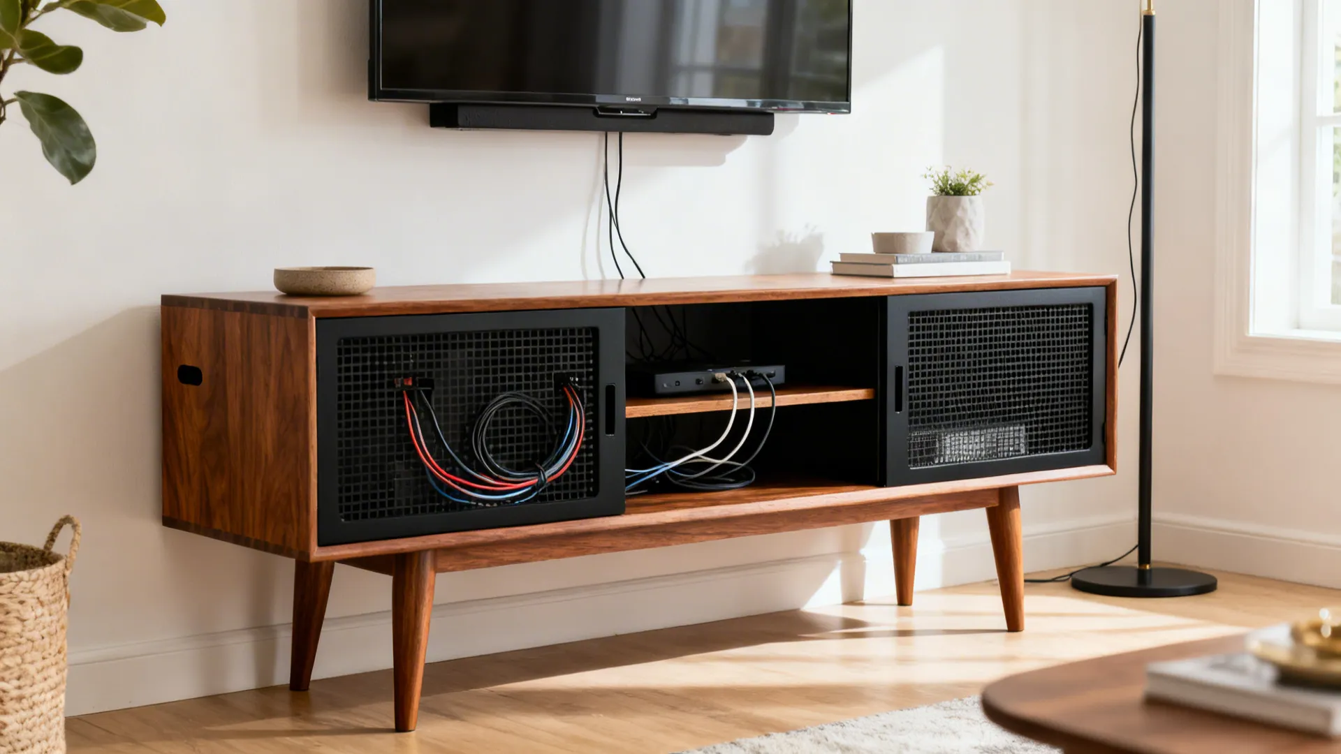 Freestanding media credenza with mesh panels and rear cable cutouts in a bright small living room.