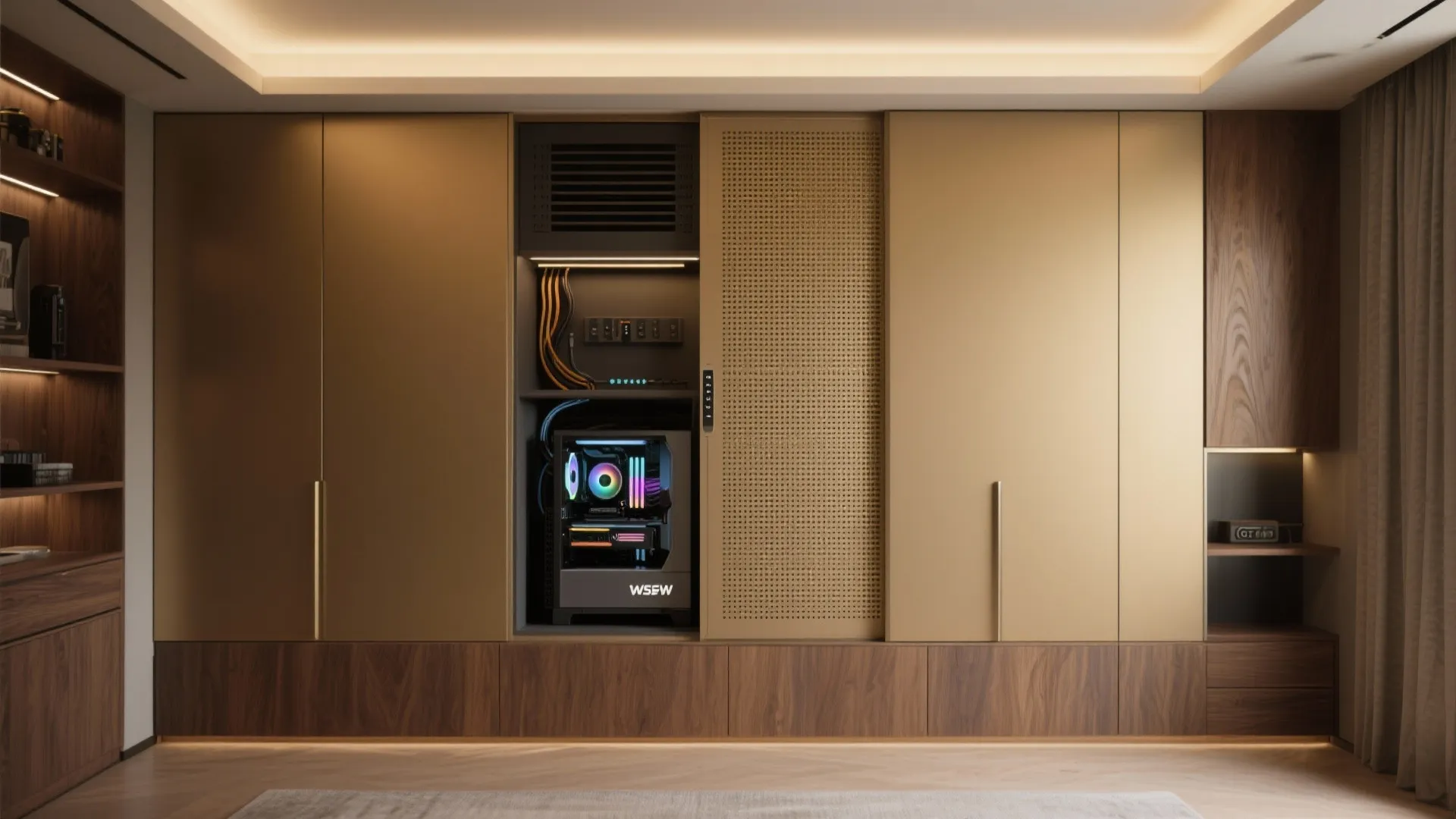 Large wall cabinet with sliding mesh door reveals a gaming computer tower with colorful interior lighting
