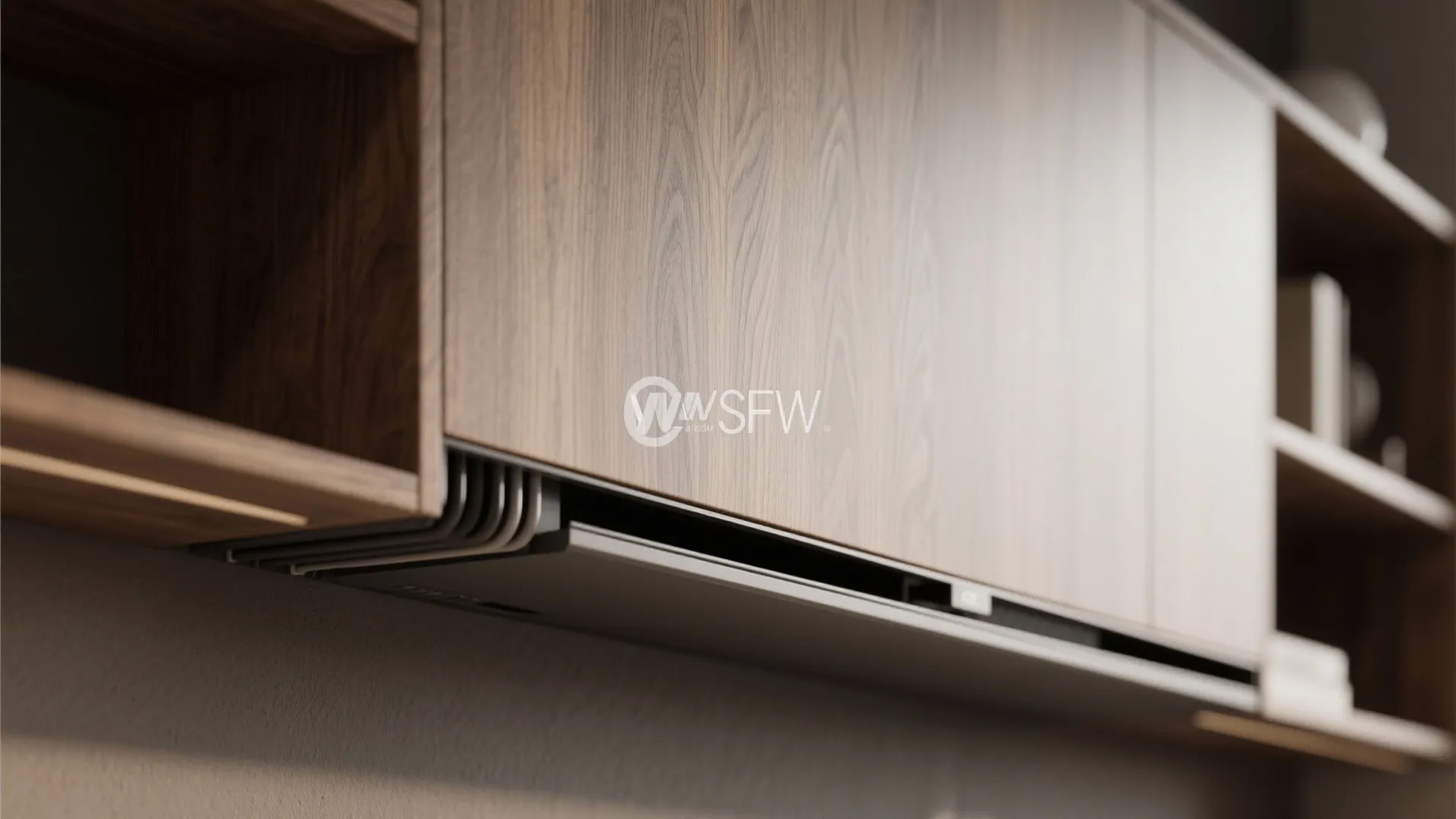 Close up of wooden wall cabinet with modern hidden light strip and brown wood grain finish