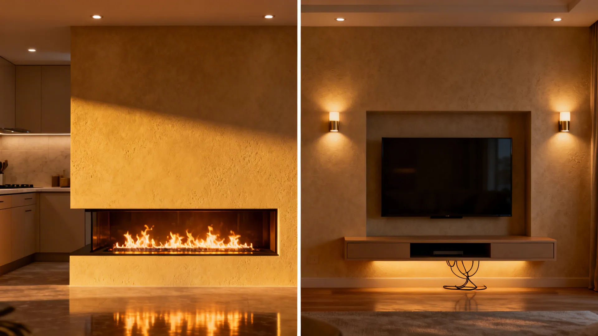 Two side by side images showing a modern indoor fireplace and a wall mounted television