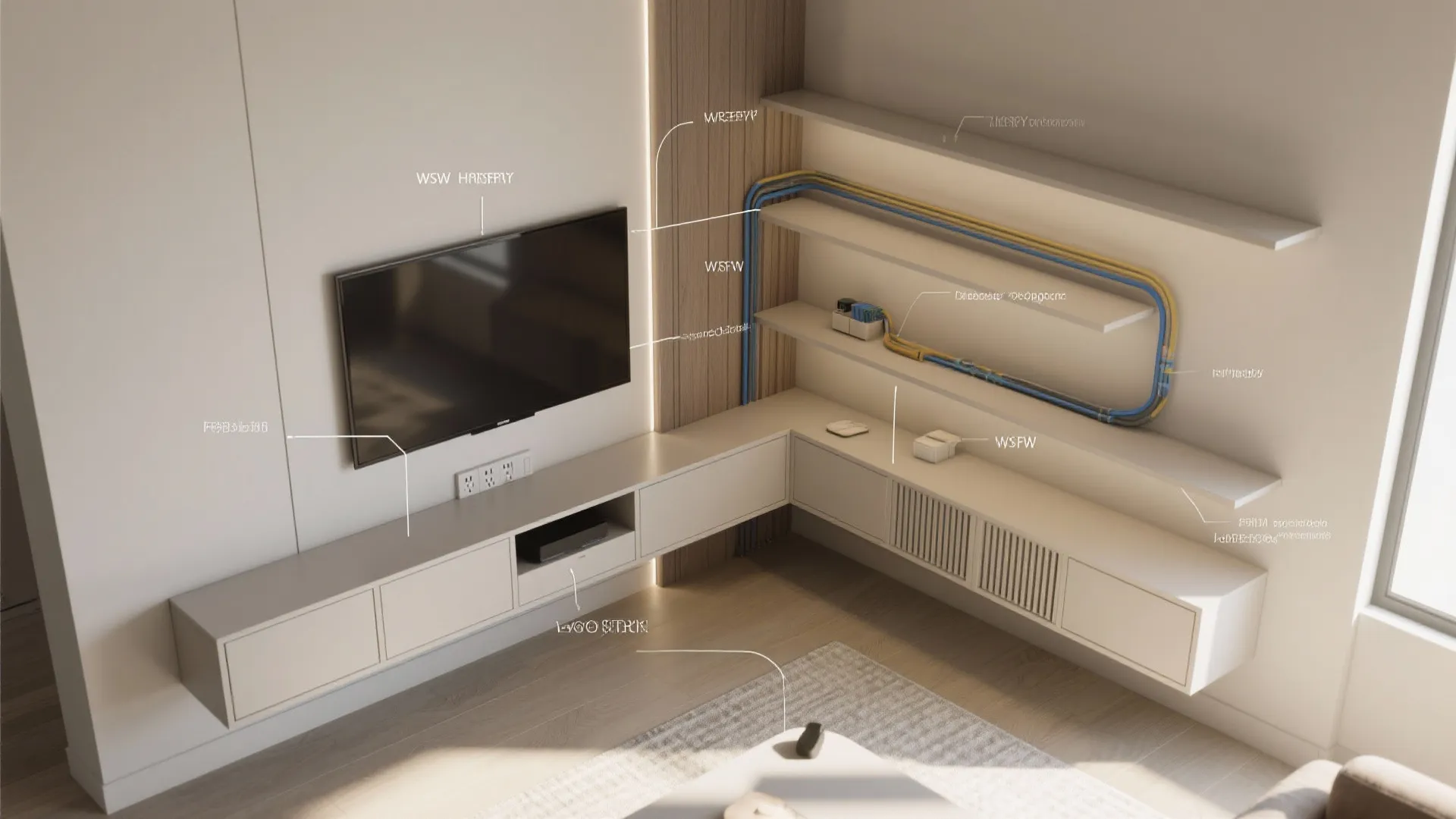 Corner Media Wall with Integrated Shelving