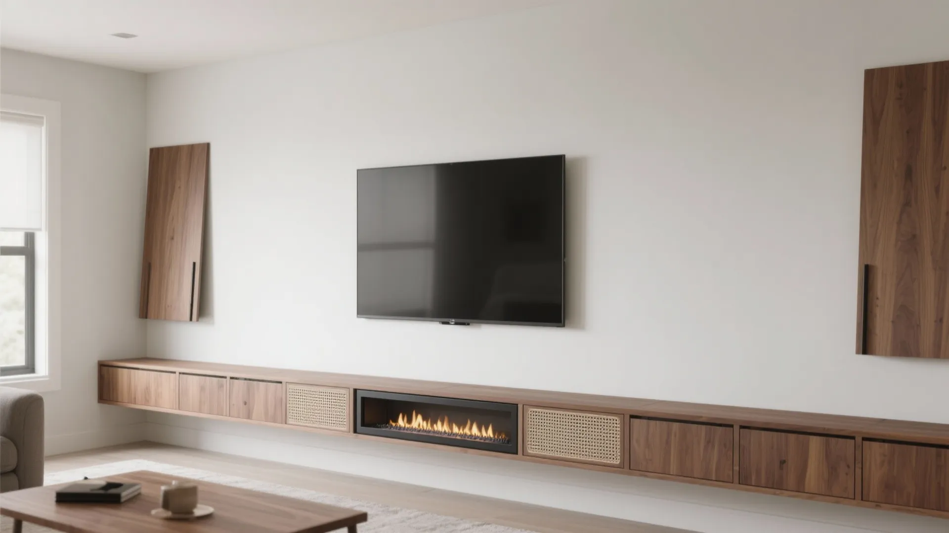 4) Low Media Ledge + Linear Electric: Eye-Level TV, Calm Lines