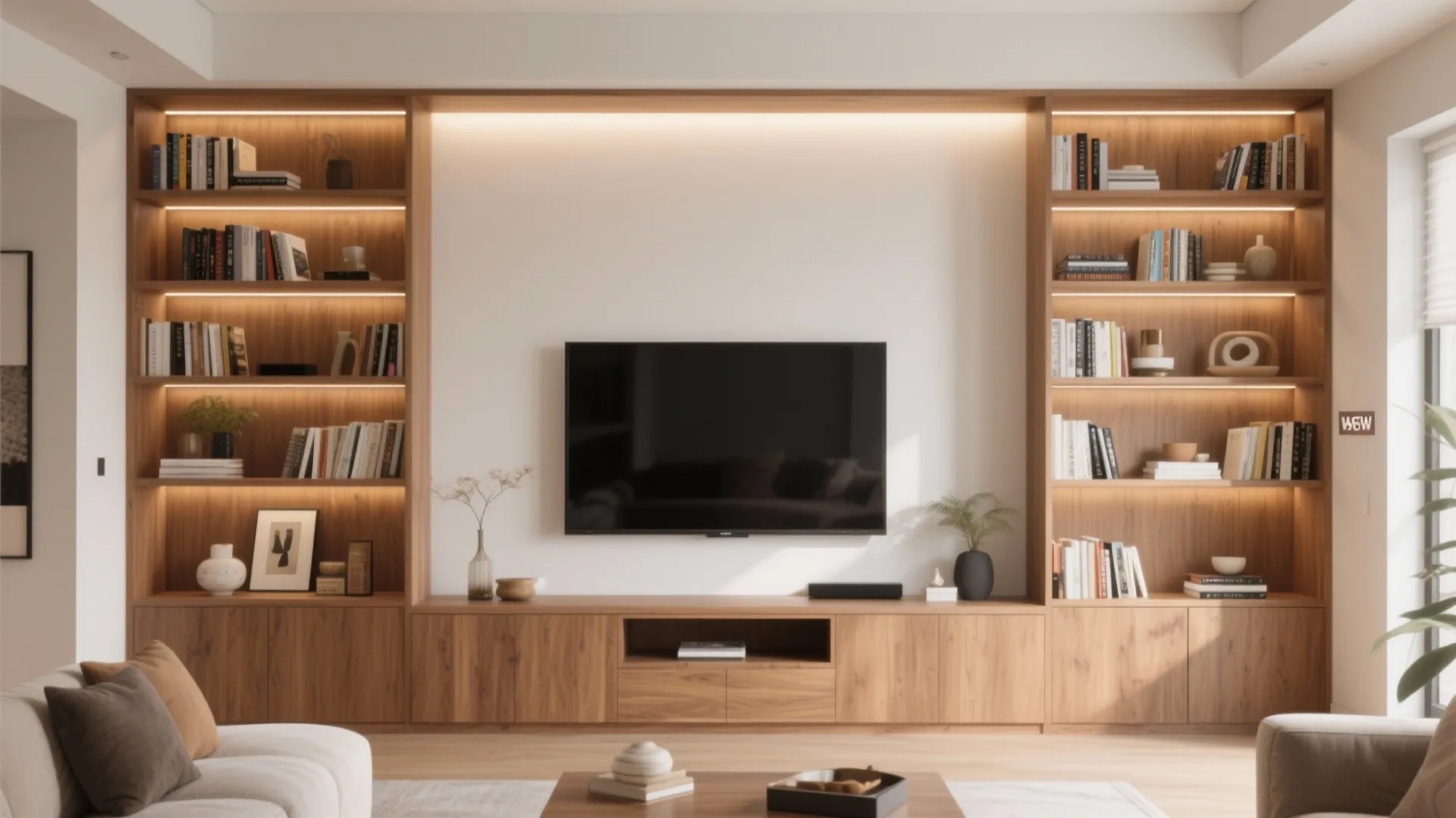 Modern wood wall cabinet with television built in bookshelves warm lighting and clean minimalist design