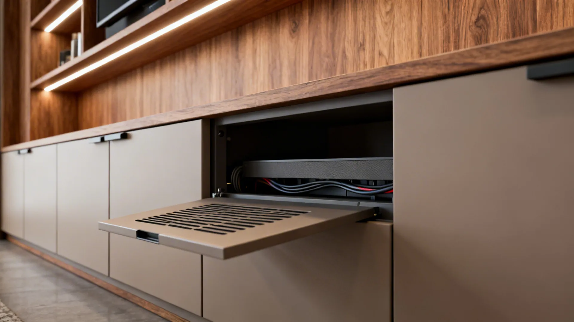 Close-up of concealed lower cabinets with hidden ventilation and cable access in a media built-in.
