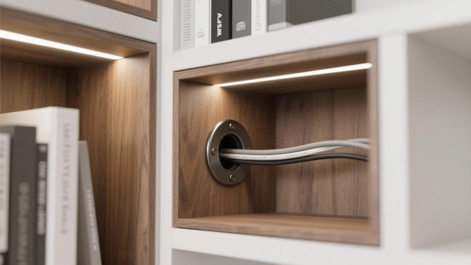 Macro of recessed media niche with cable grommet, tidy wiring, and oak edge banding.