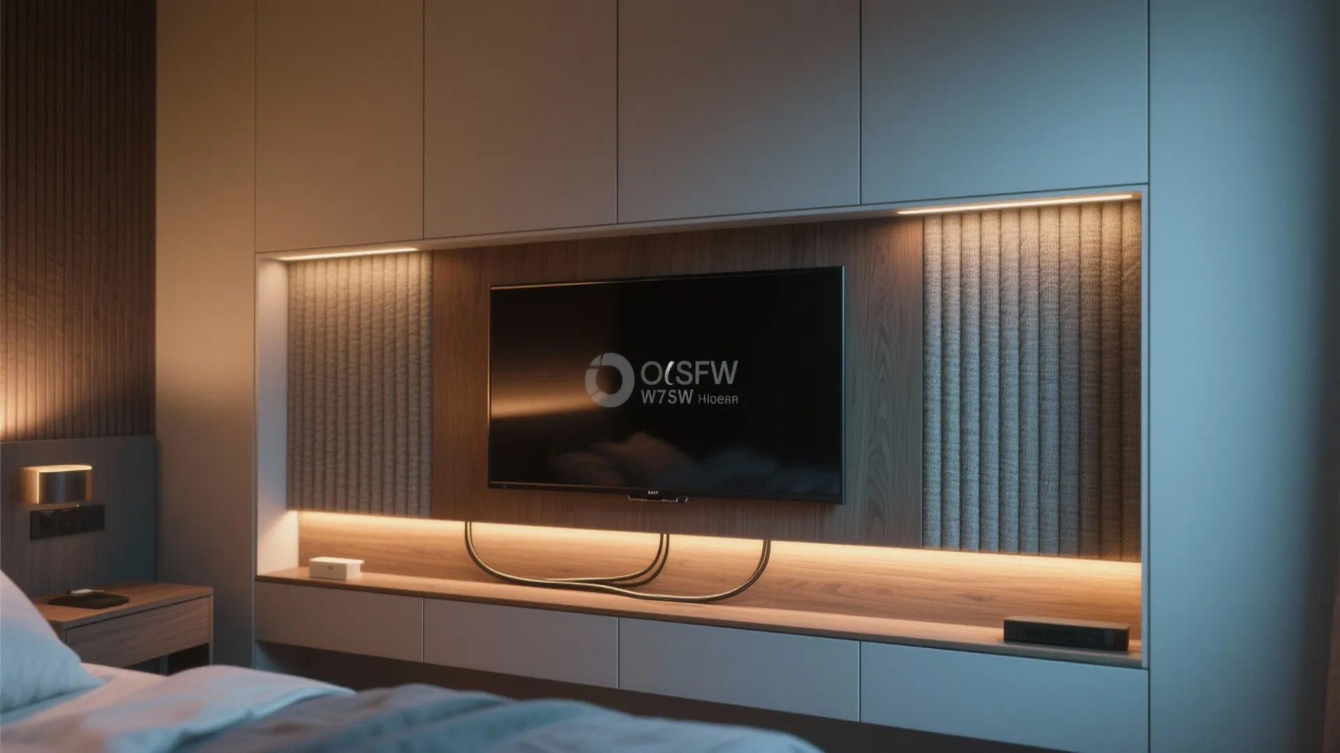 Media Wall with Acoustic Panels and Warm Lighting