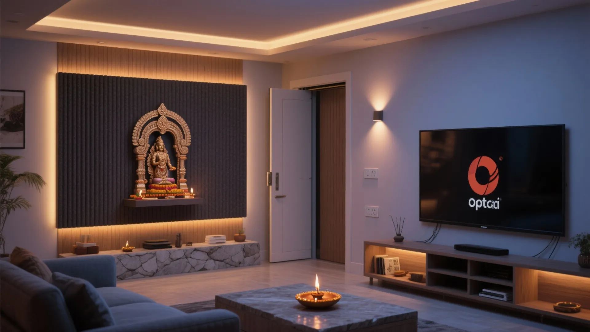 5) Media wall meets mandir—without the clash