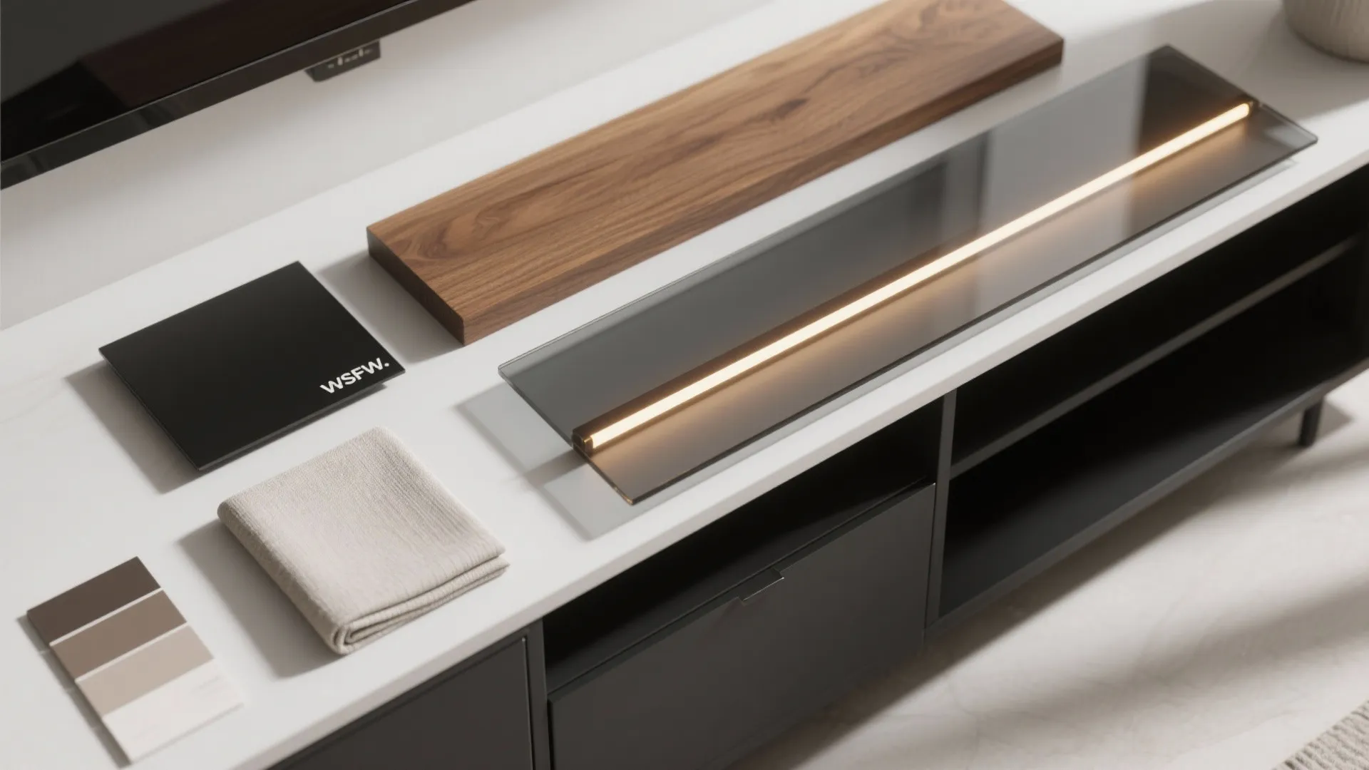 Mixed-material media shelf: metal, glass, and wood