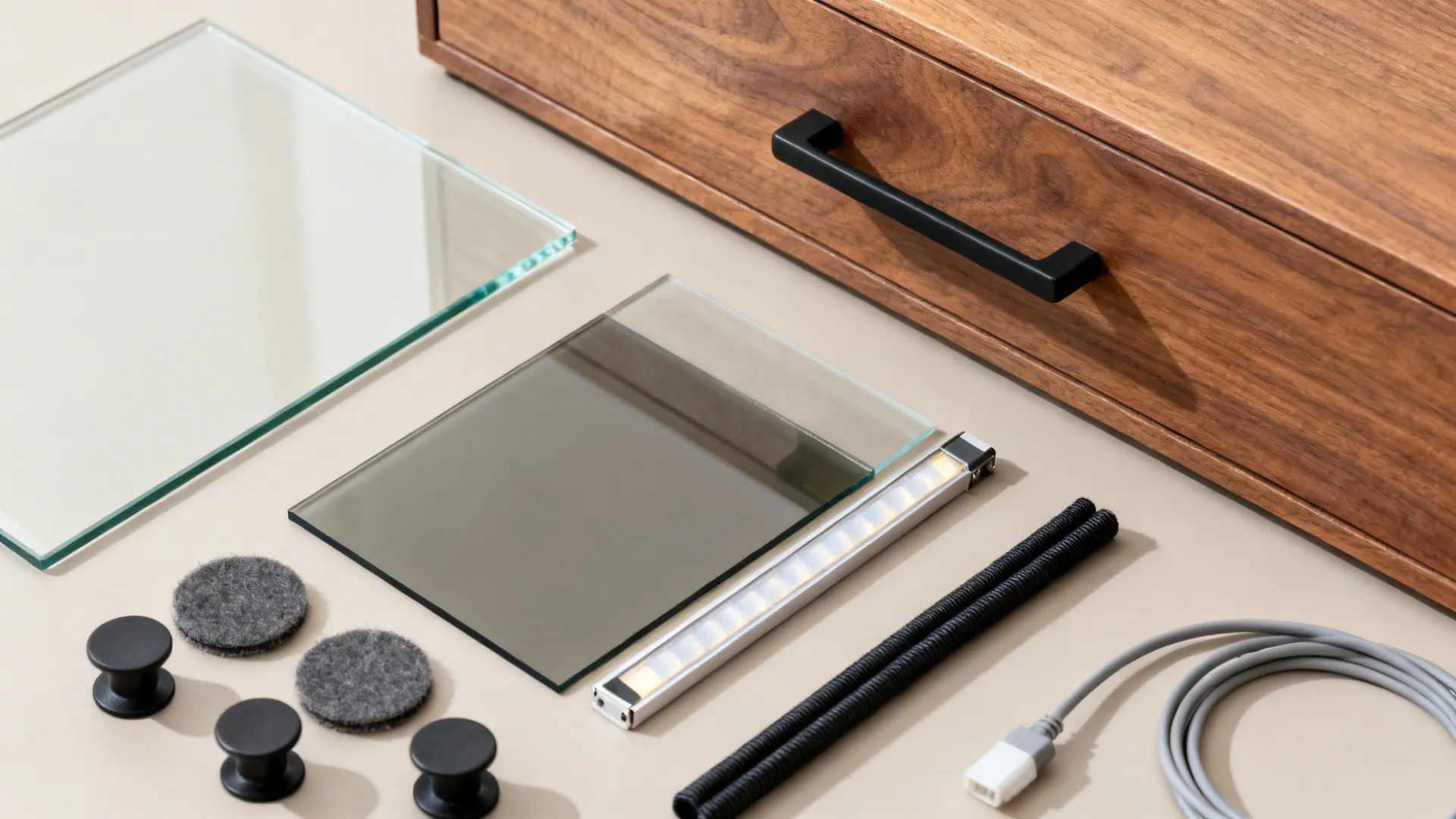 4) Tall glass display towers flanking a low media base