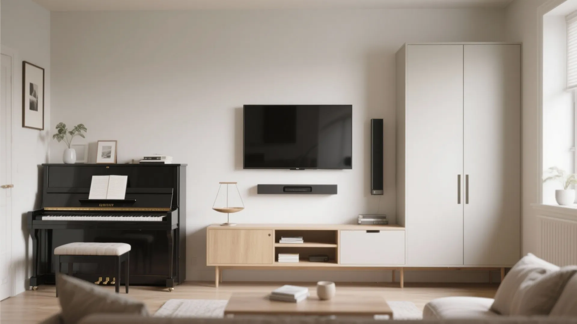 Black upright piano next to a wooden TV stand with wall mounted television and tall cabinet