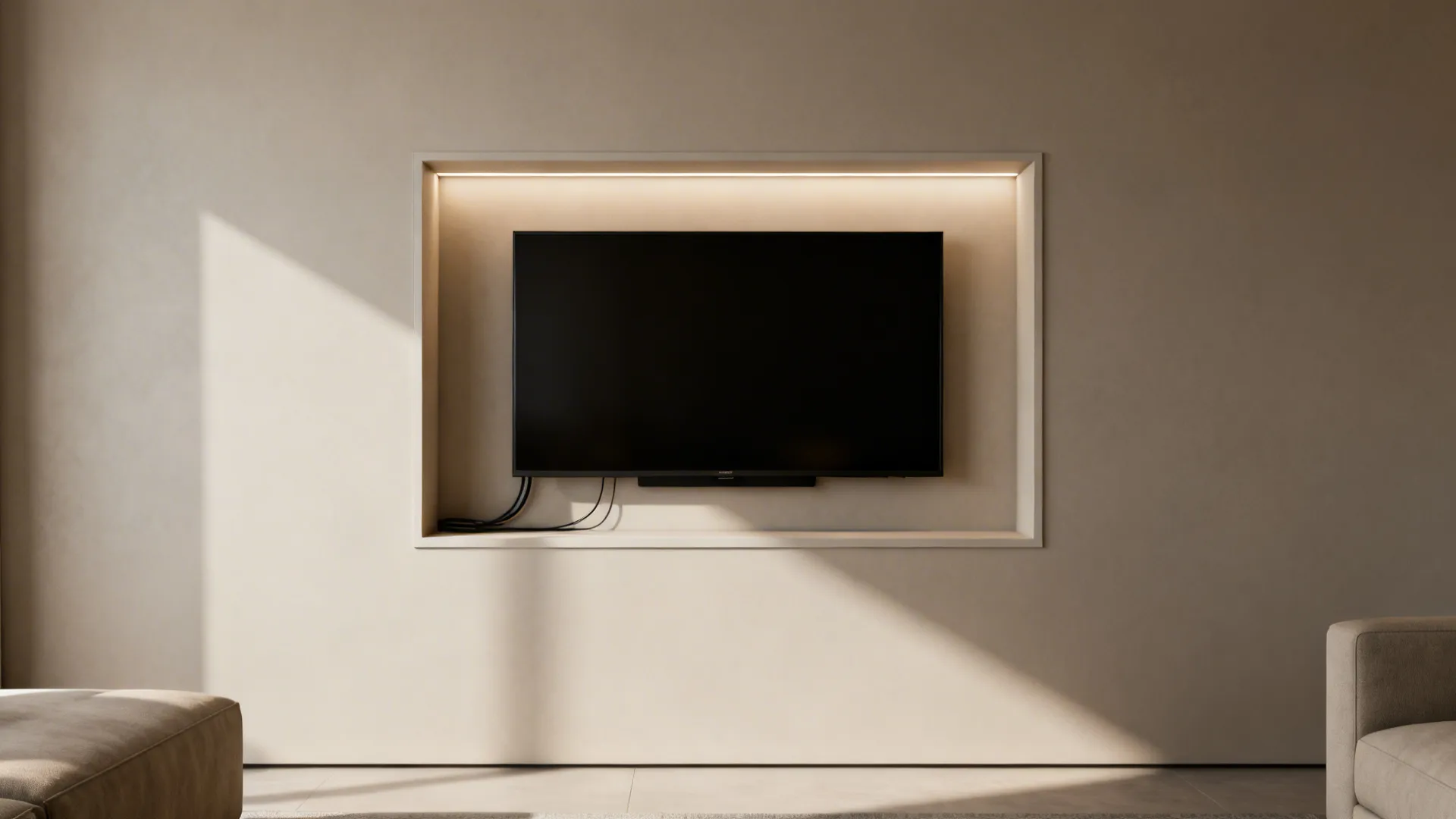 Modern black television set inside a wall cutout with warm hidden lighting and soft shadows