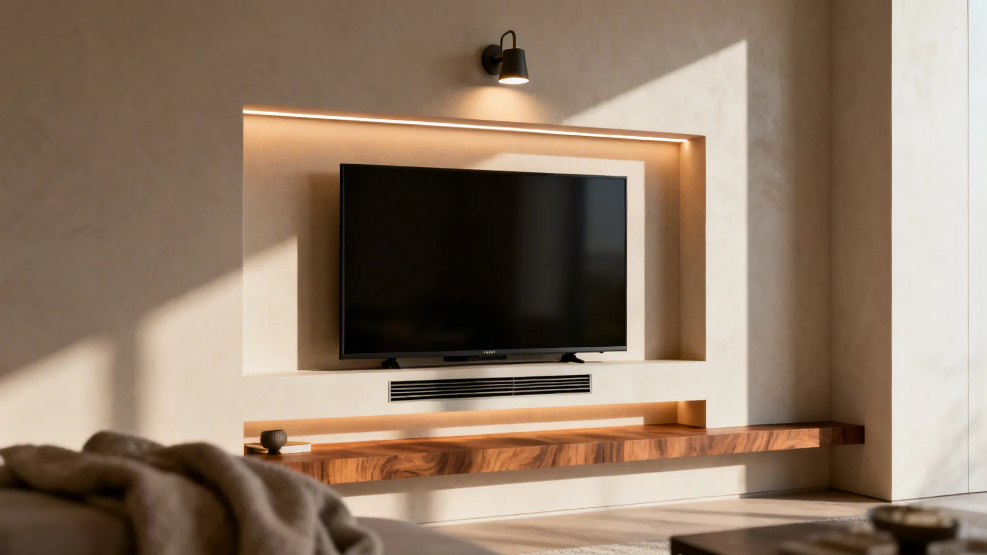 Built-in shallow media niche with a 32-inch TV, sconce and LED backlight