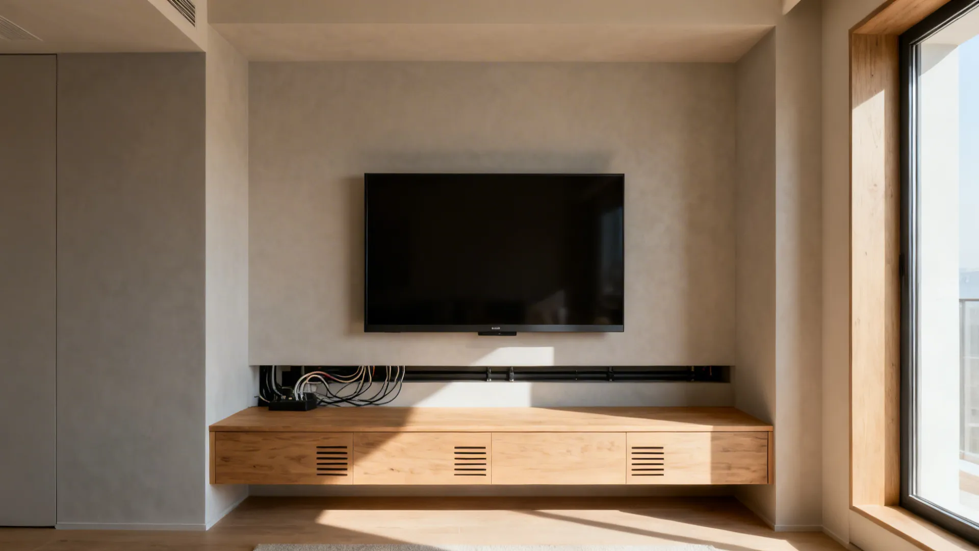 Compact media bay within a wall niche with hidden cables and a floating credenza.