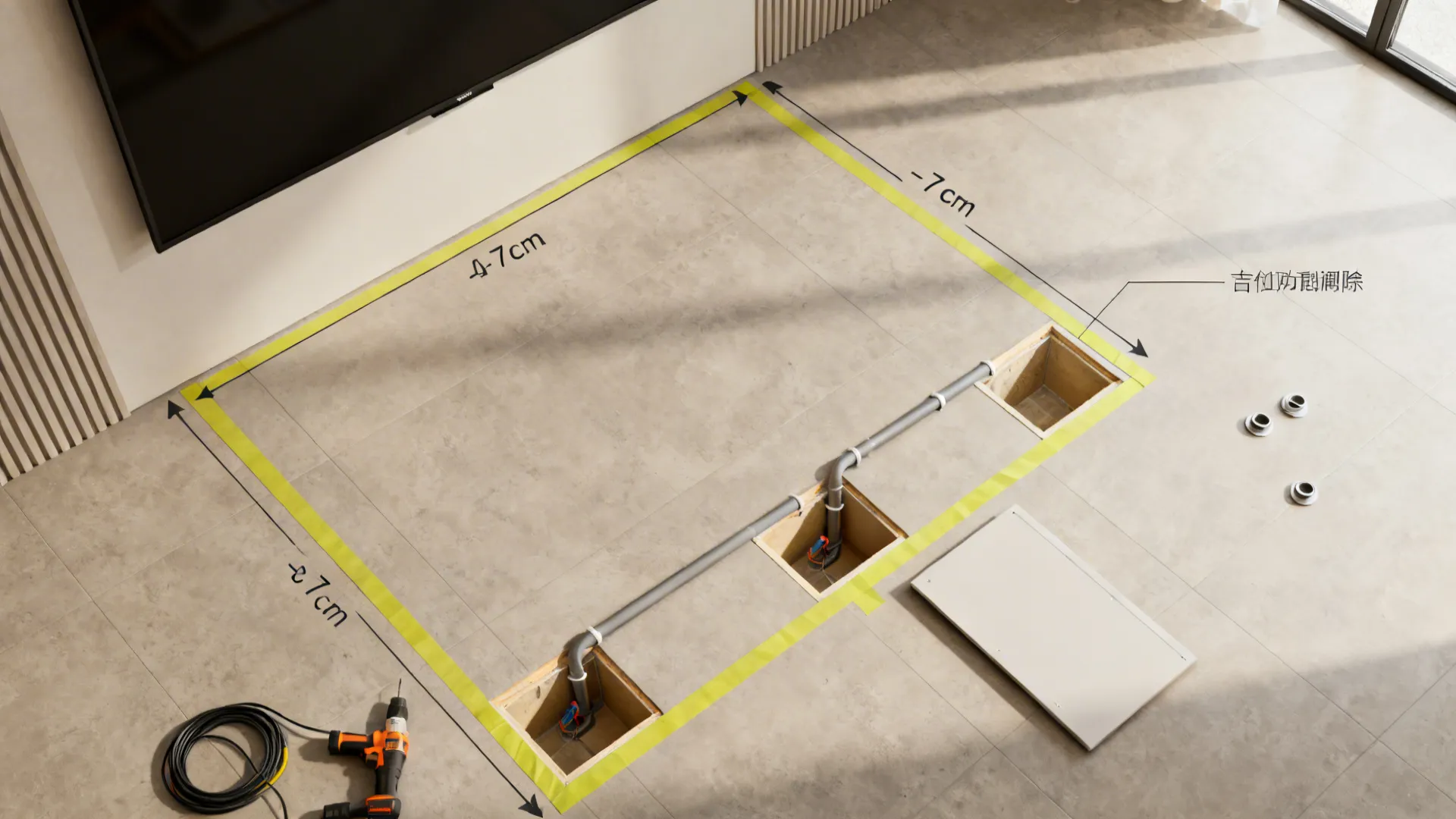 Top-down layout plan showing clearances, conduit routes, and access panel for a TV niche.