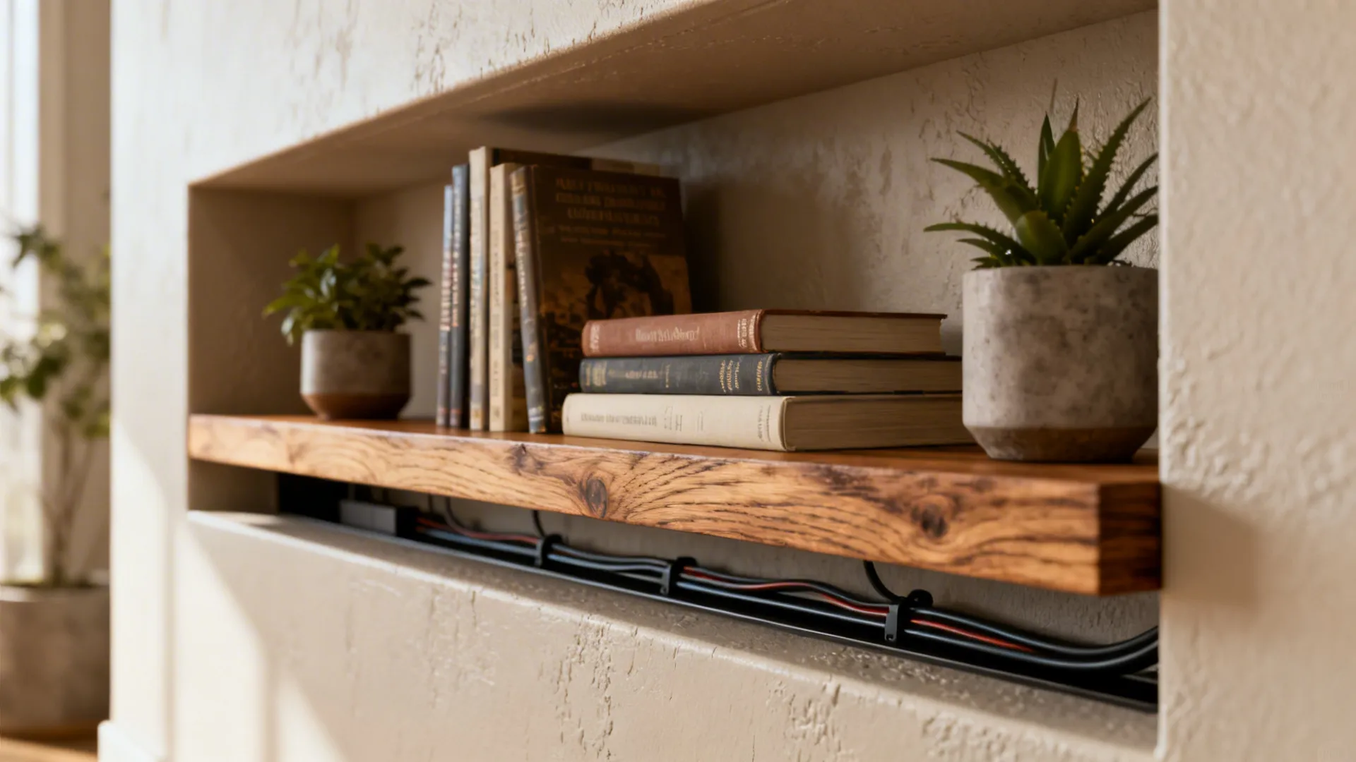 Close-up of floating shelves inside a recessed media niche with books and plants