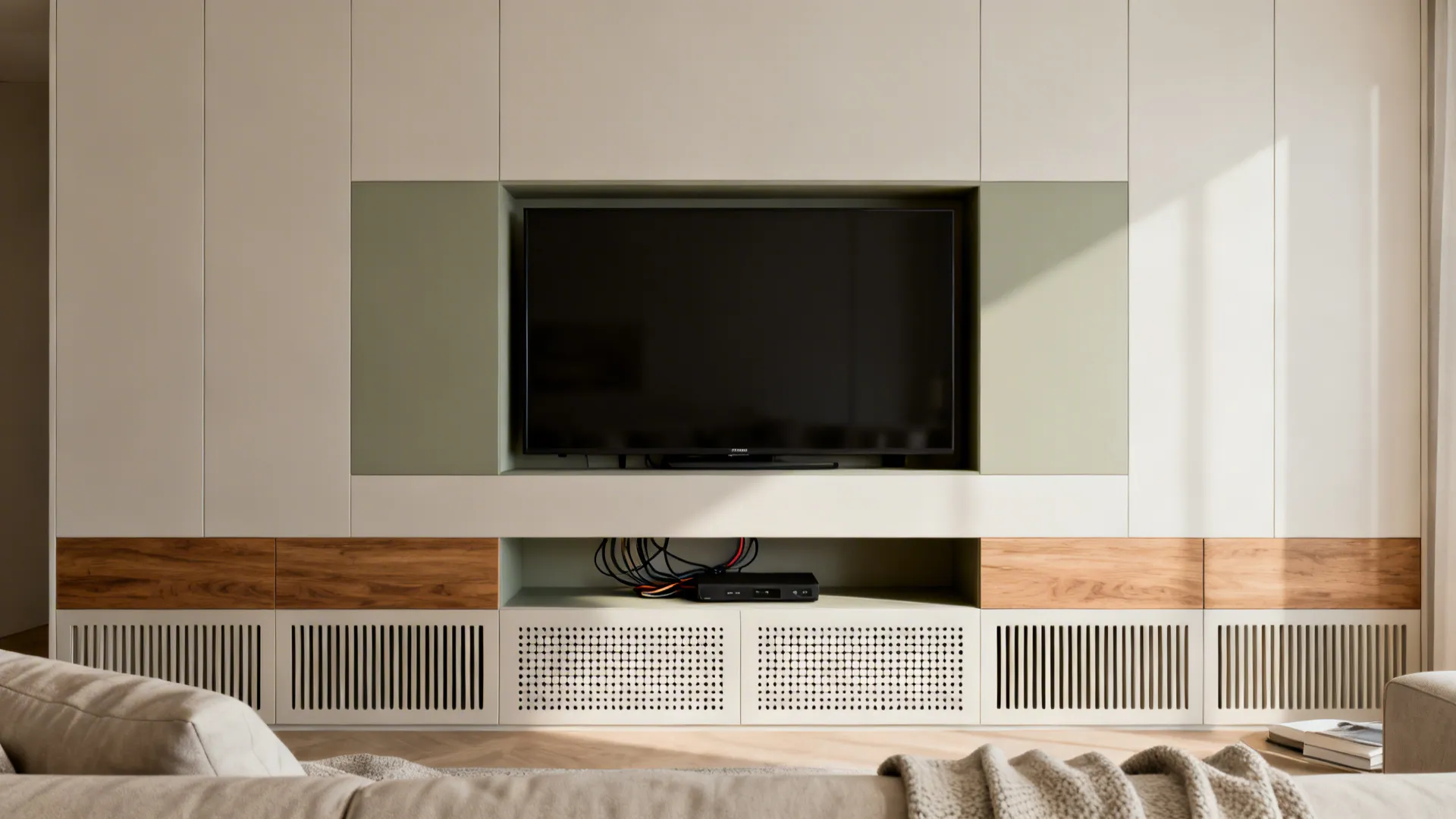 Recessed TV in a mid-tone niche with hidden cables and ventilated panels in a modern living room.