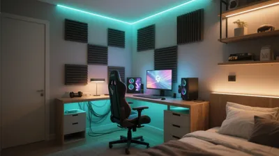 Gaming Bedroom Setup with Ambient LED Lighting