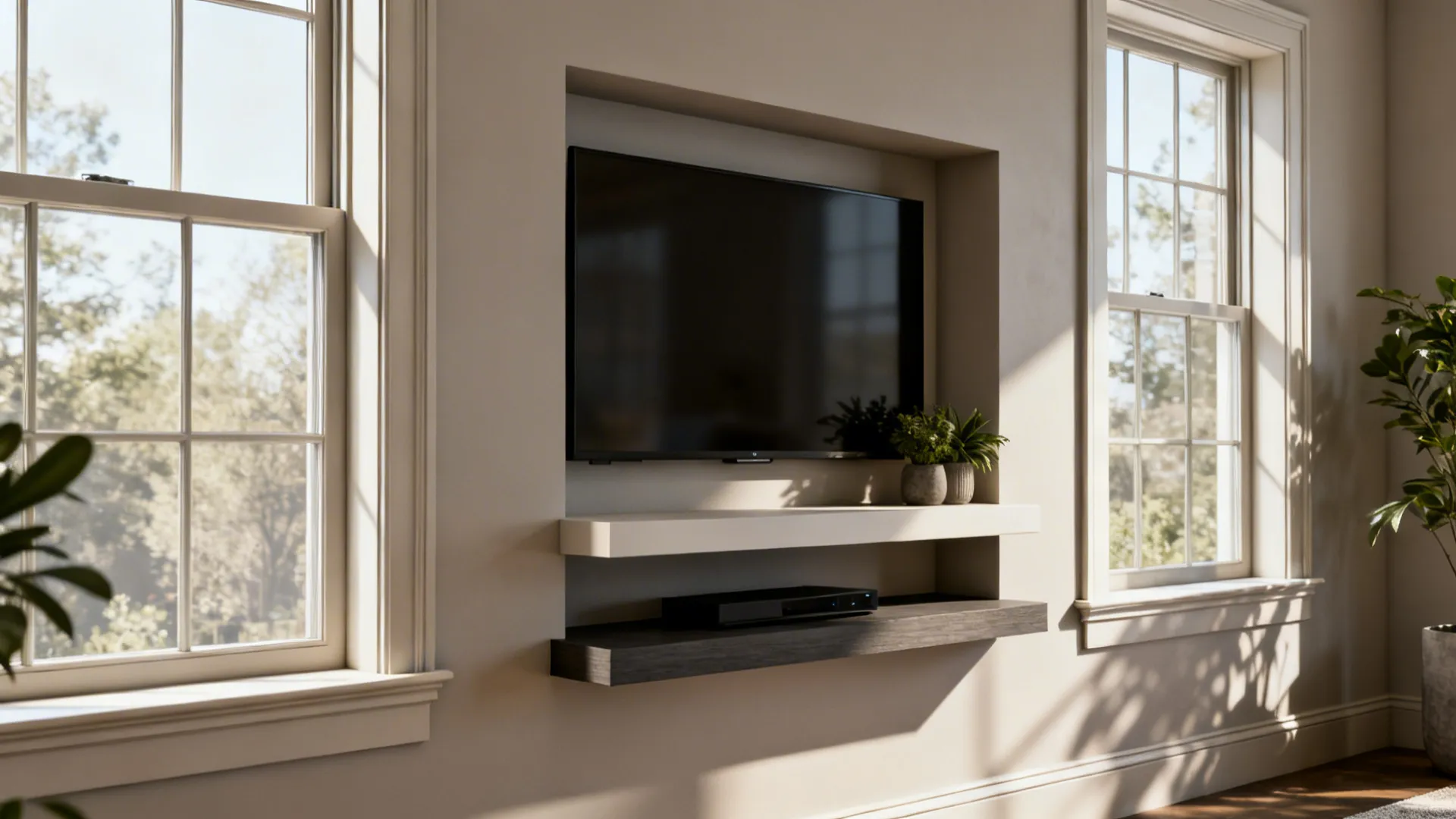 Recessed media nook between windows with floating console and plants
