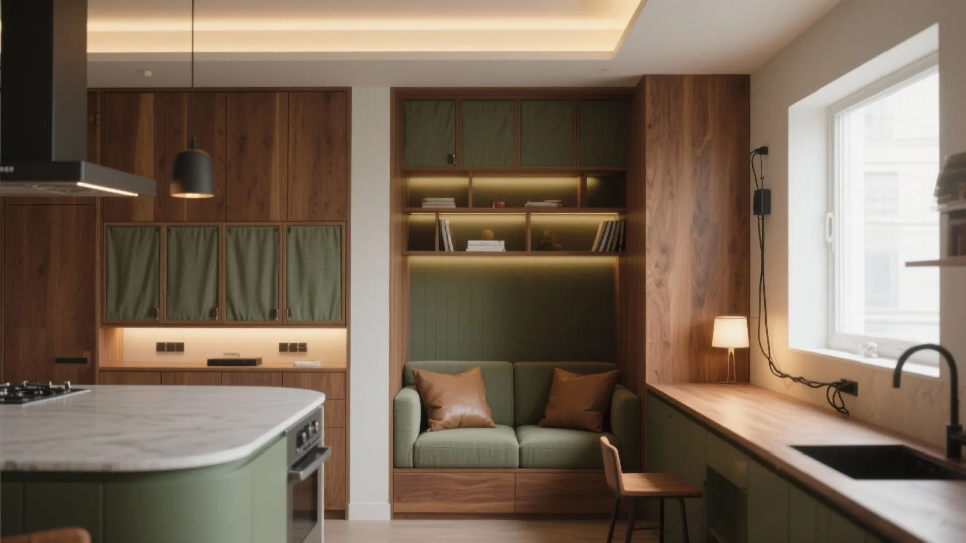 Modern kitchen features wooden cabinets green seating nook marble island counter brown pillows and ceiling light