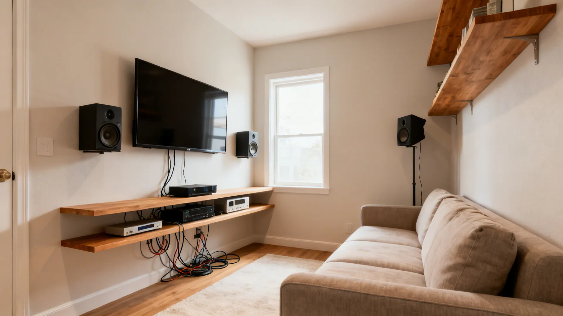 Media nook on the short leg with a slim shelf and wall-mounted TV facing the sofa.