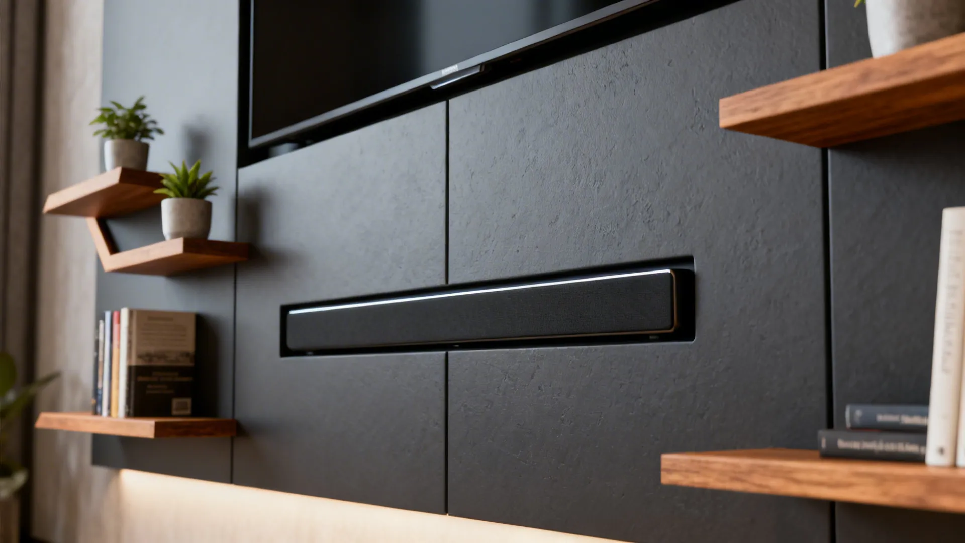 Wall-mounted media panel with integrated shelves, recessed soundbar and decor